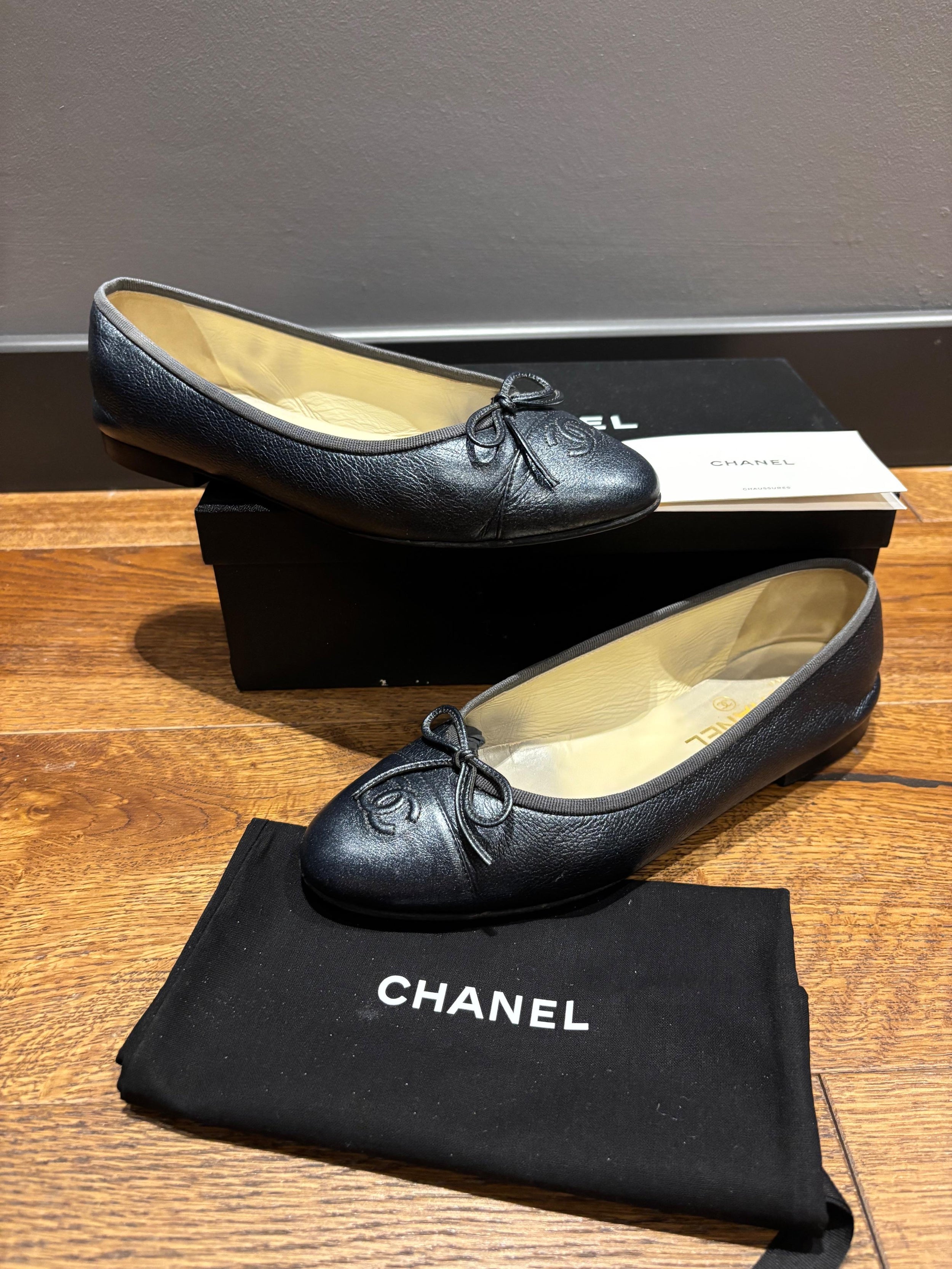 Chanel Navy Blue Leather Ballet Flats