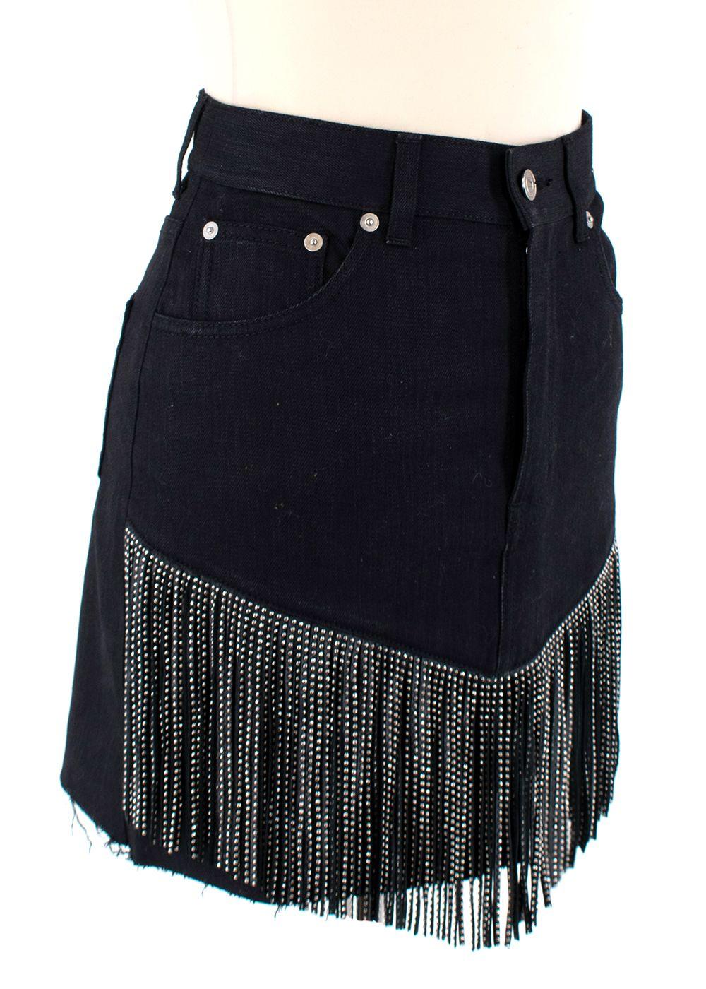 Black Denim Skirt with Silver Studded Leather Fringing
