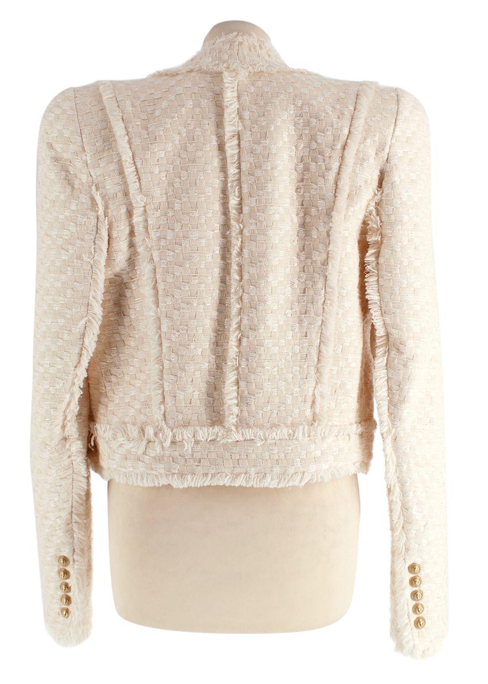 Balmain Cream Woven Open Front Jacket with Gold Button Detail