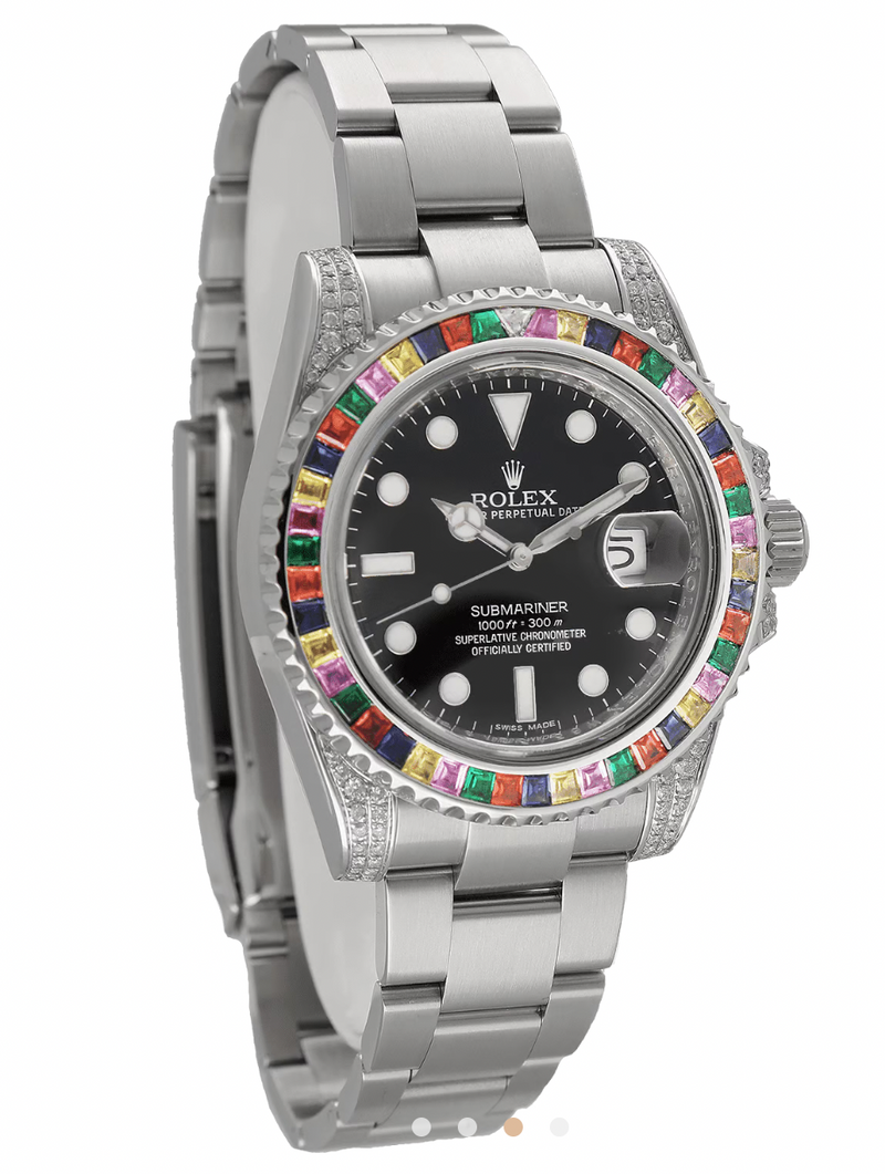 Rolex 40mm Silver Oyster Perpetual Date Submariner Rainbow  Watch