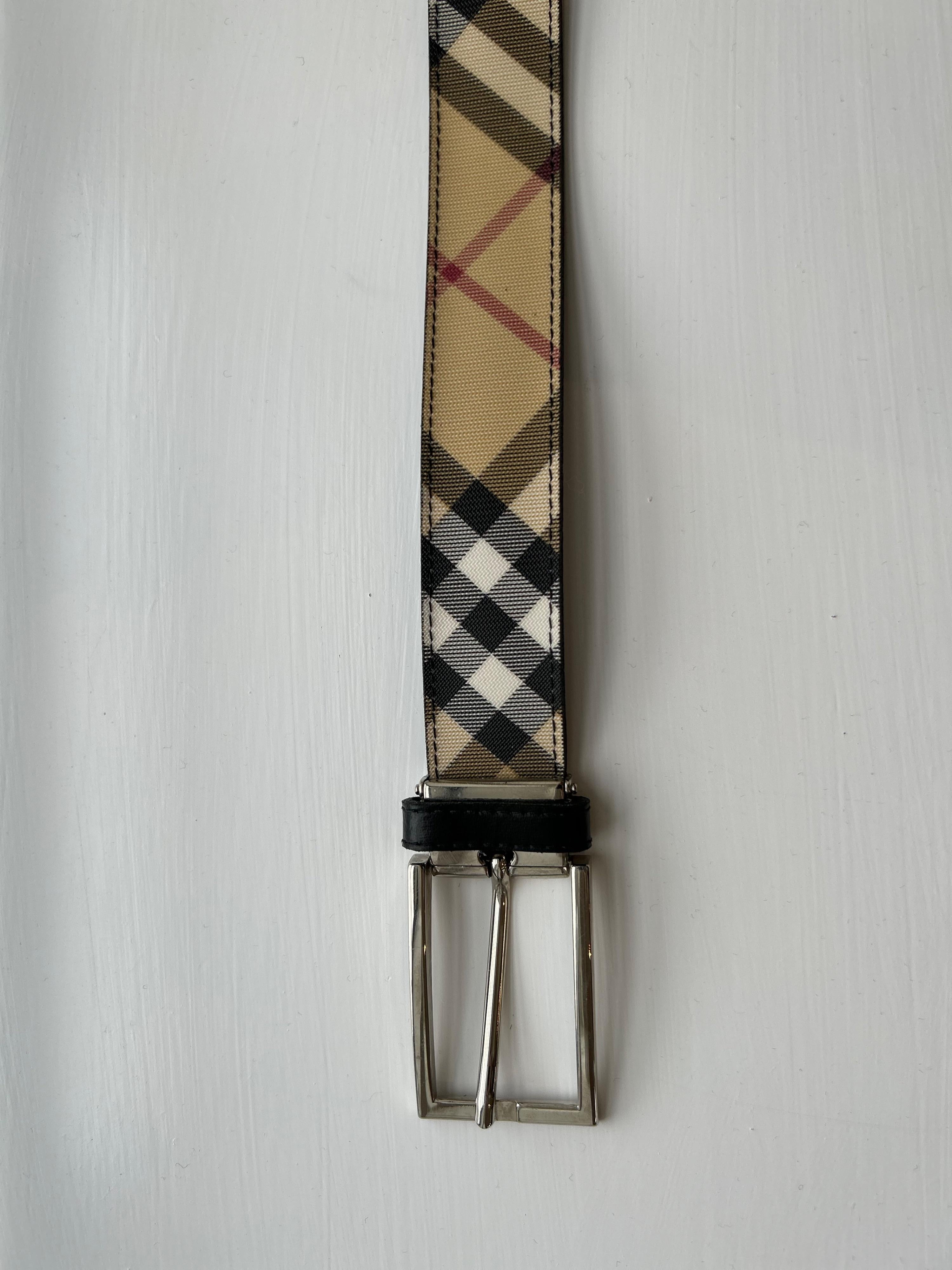 Check Canvas & leather Belt - Size 100