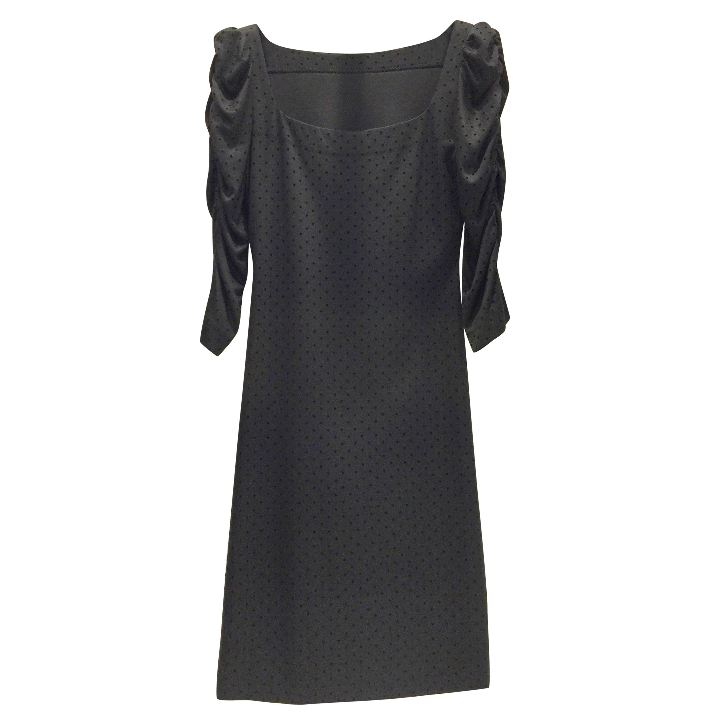 French Couture Black Jersey & Velvet Dot Square Neck Dress