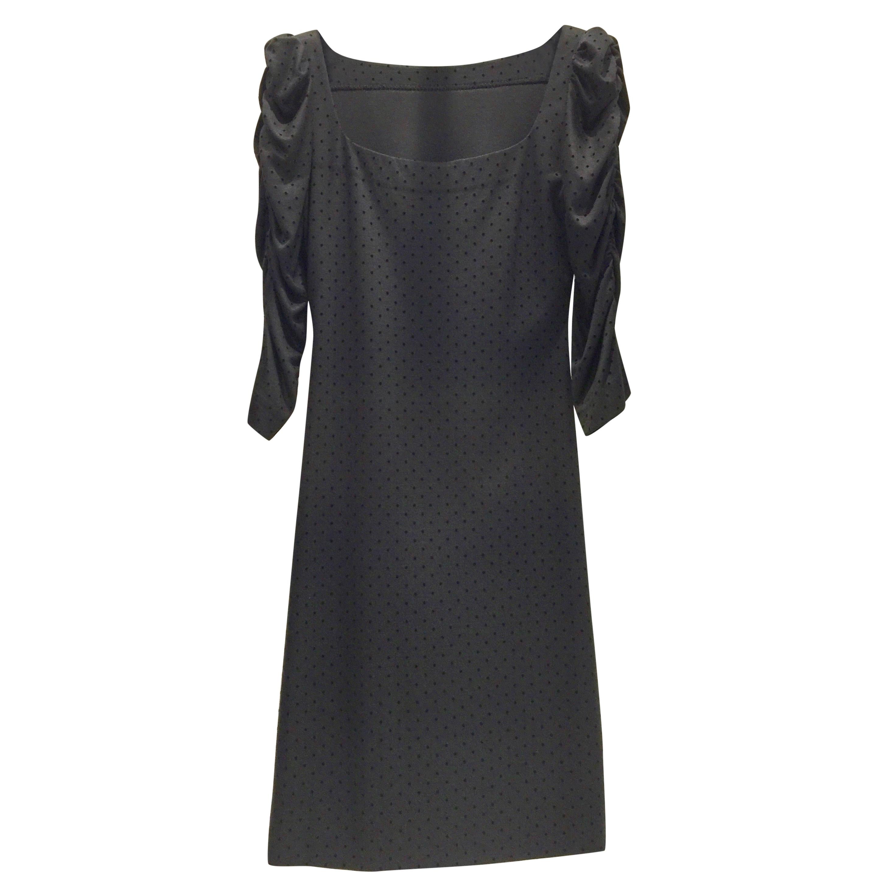 French Couture Black Jersey & Velvet Dot Square Neck Dress