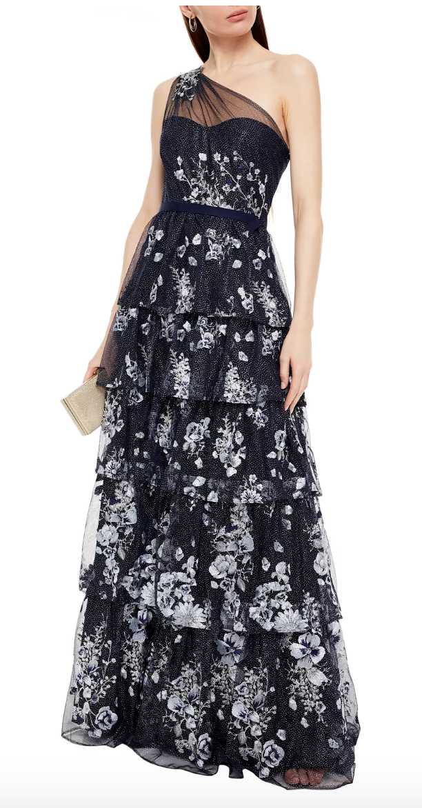 One-shoulder embellished tiered tulle gown