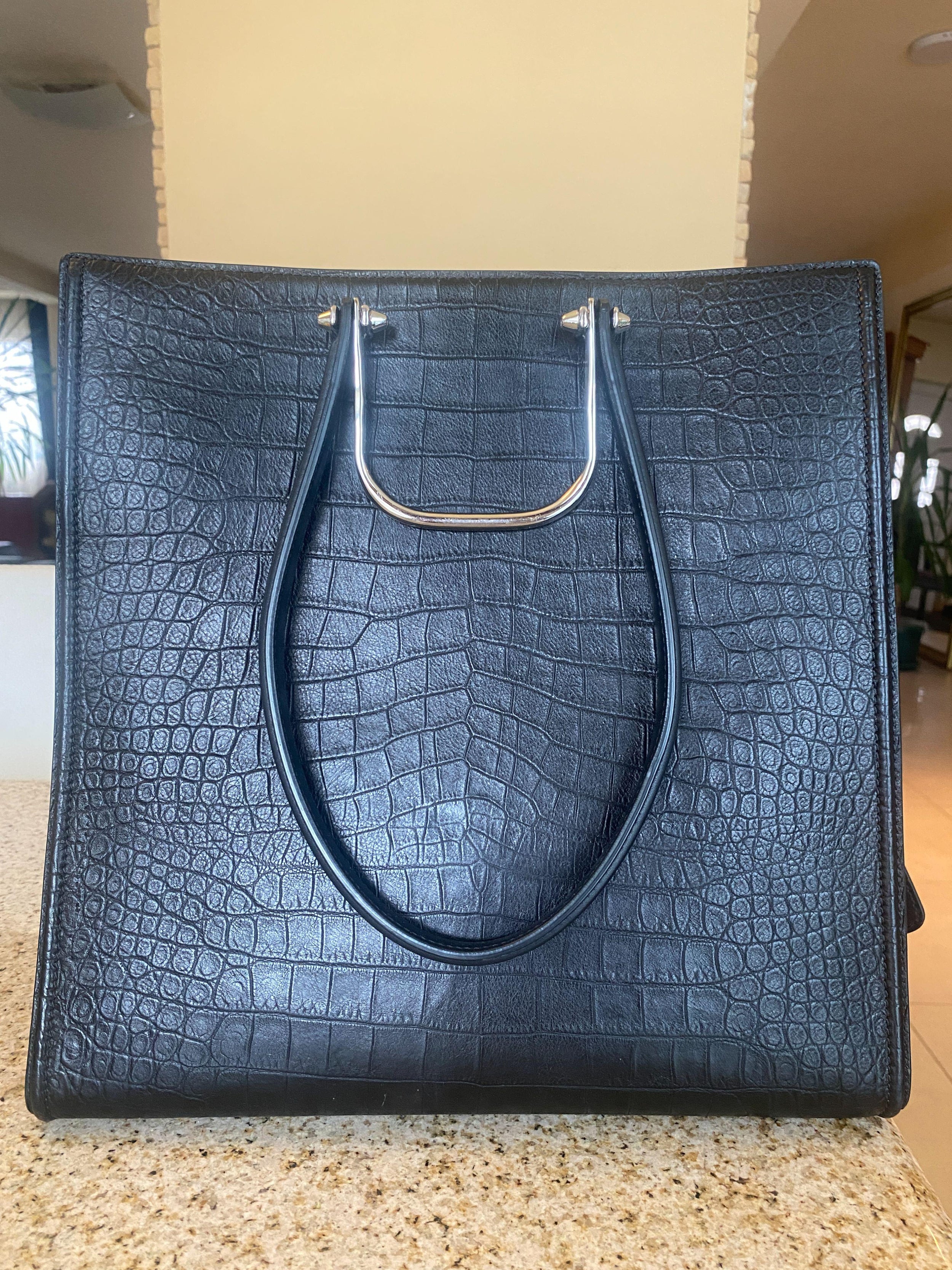 Alexander McQueen Black Tall Story Croc Embossed Leather Bag