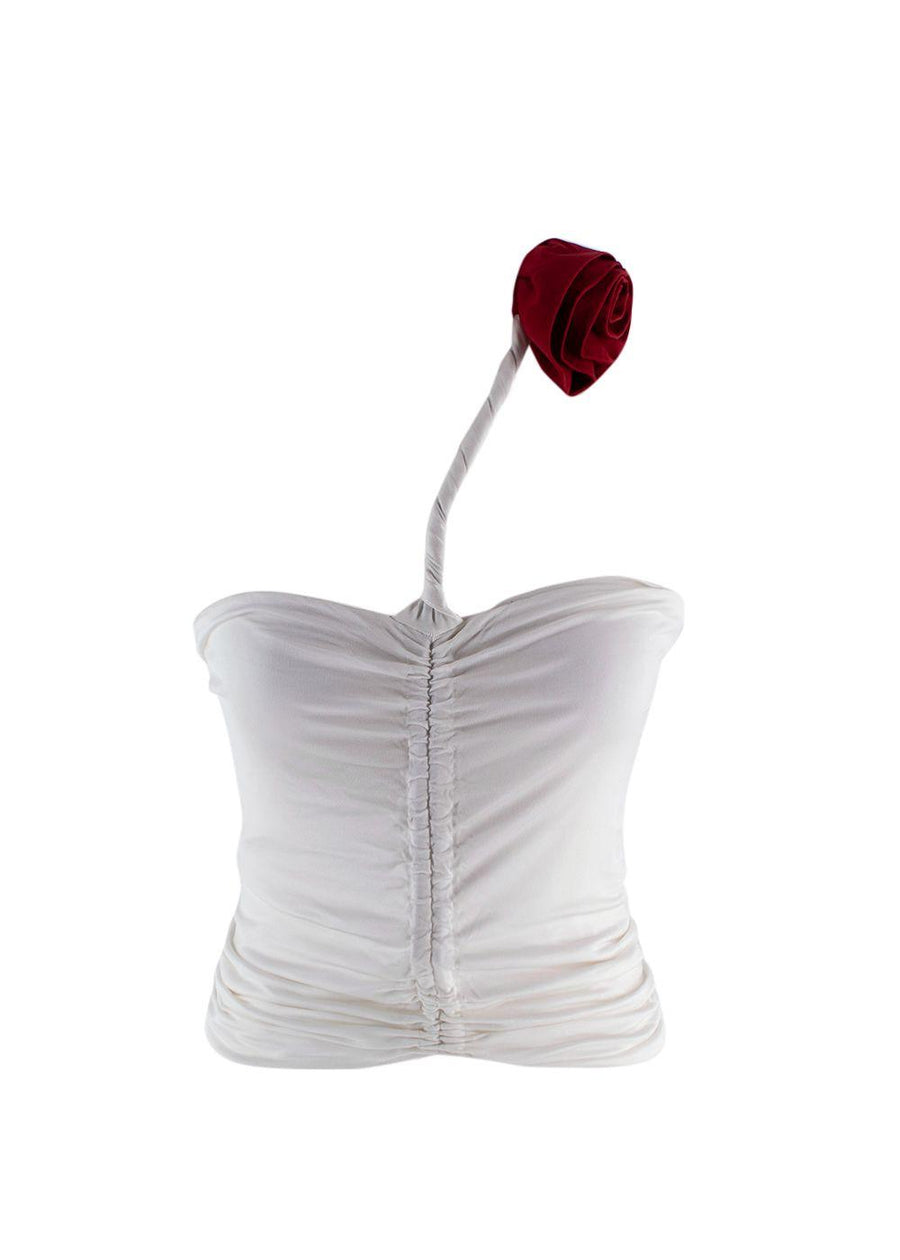 Magda Butrym White Draped Bandeau Top with Rose Applique