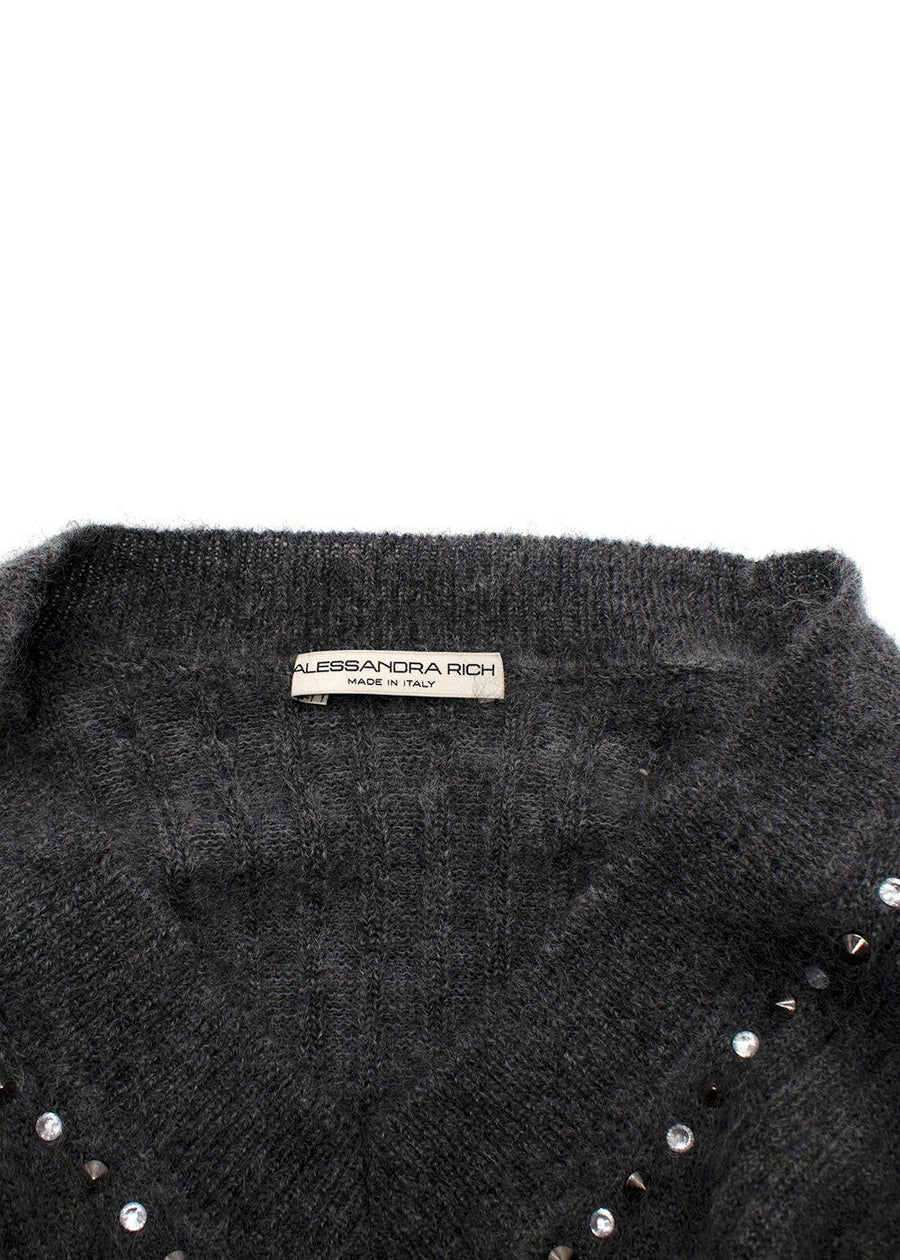 Alessandra Rich Grey Stud Mohair Blend V-Neck Sweater