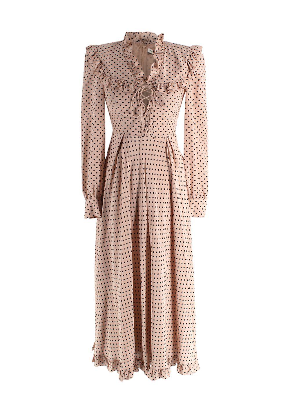 Alessandra Rich Beige Silk Polka Dot Dress with Lace Up Design