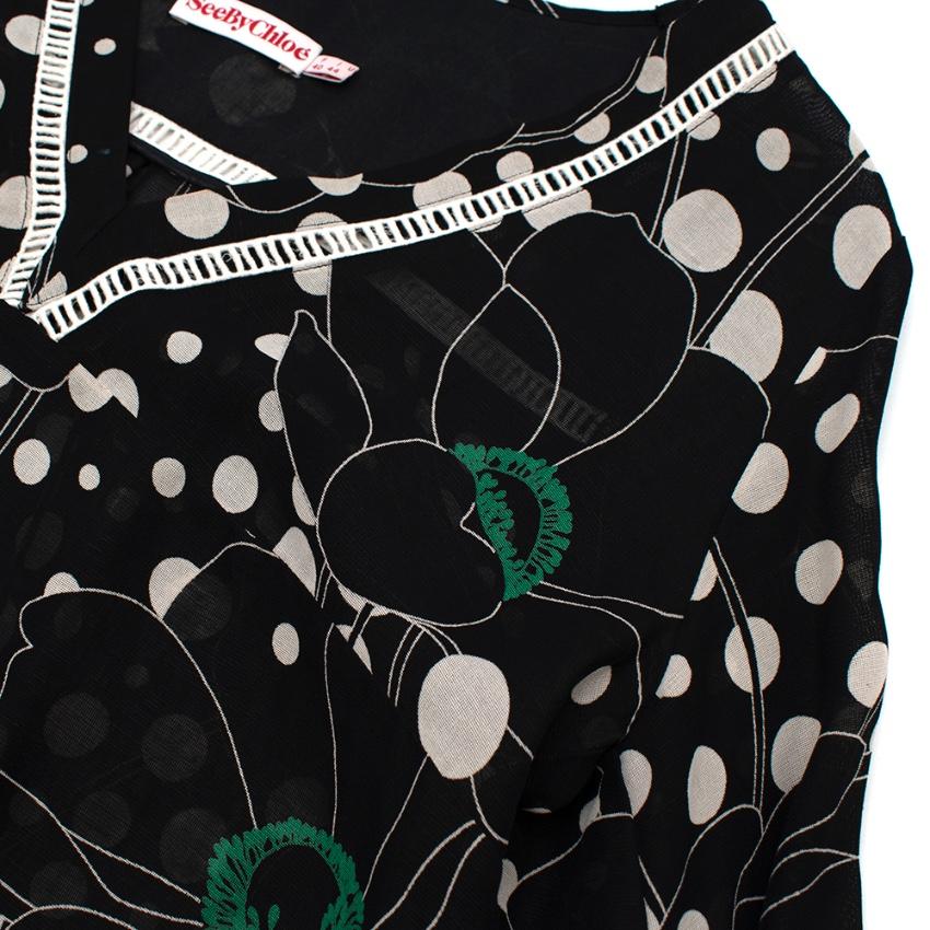 See By Chloe Black Polka Dot Linen blend Sheer Blouse