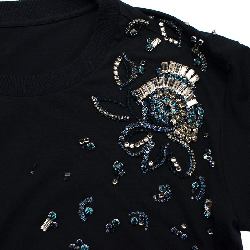Prada Navy Cotton T-Shirt with Crystal Embellished Shoulder