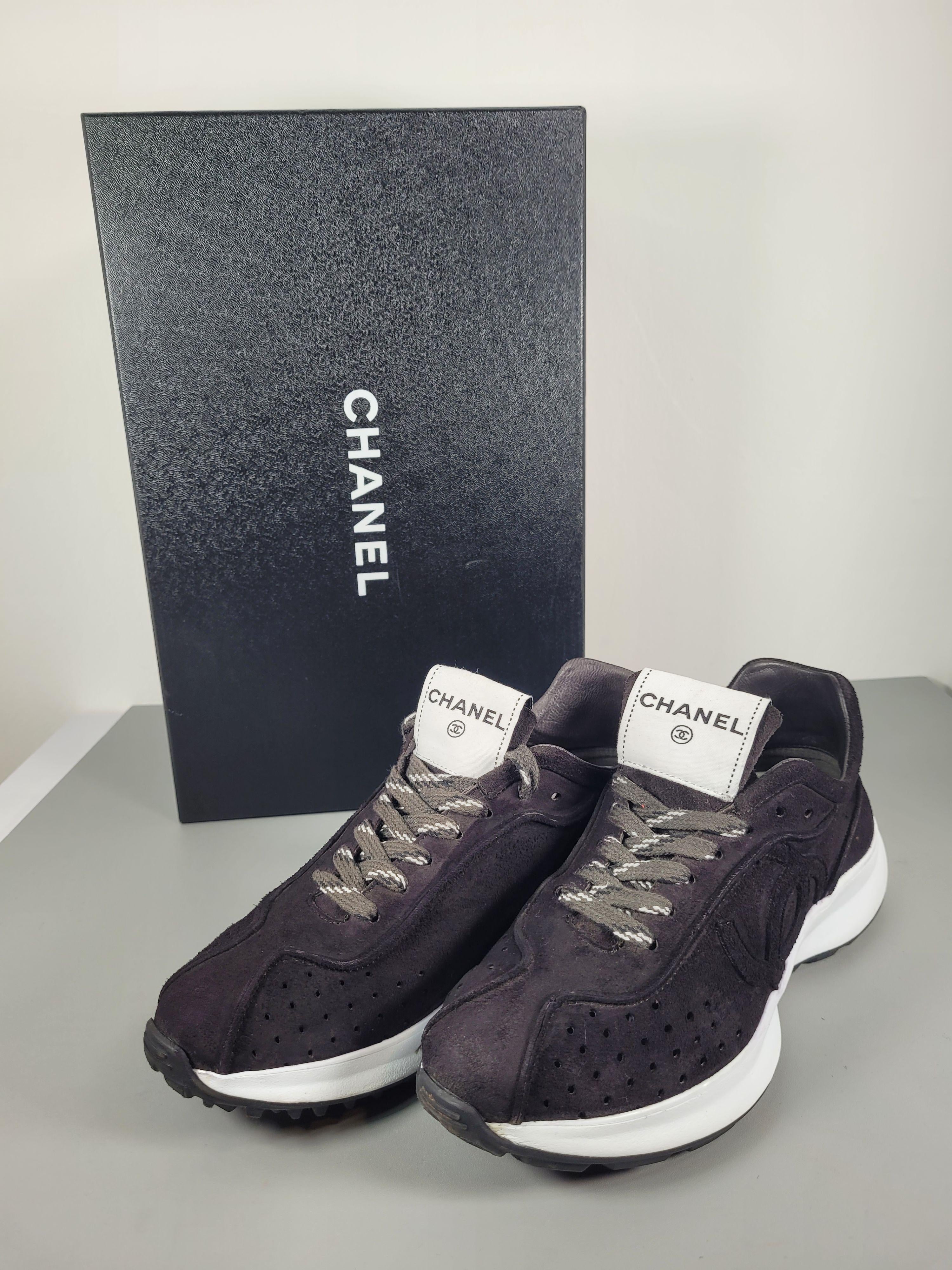 Chanel Black Suede Low Top Logo Sneakers