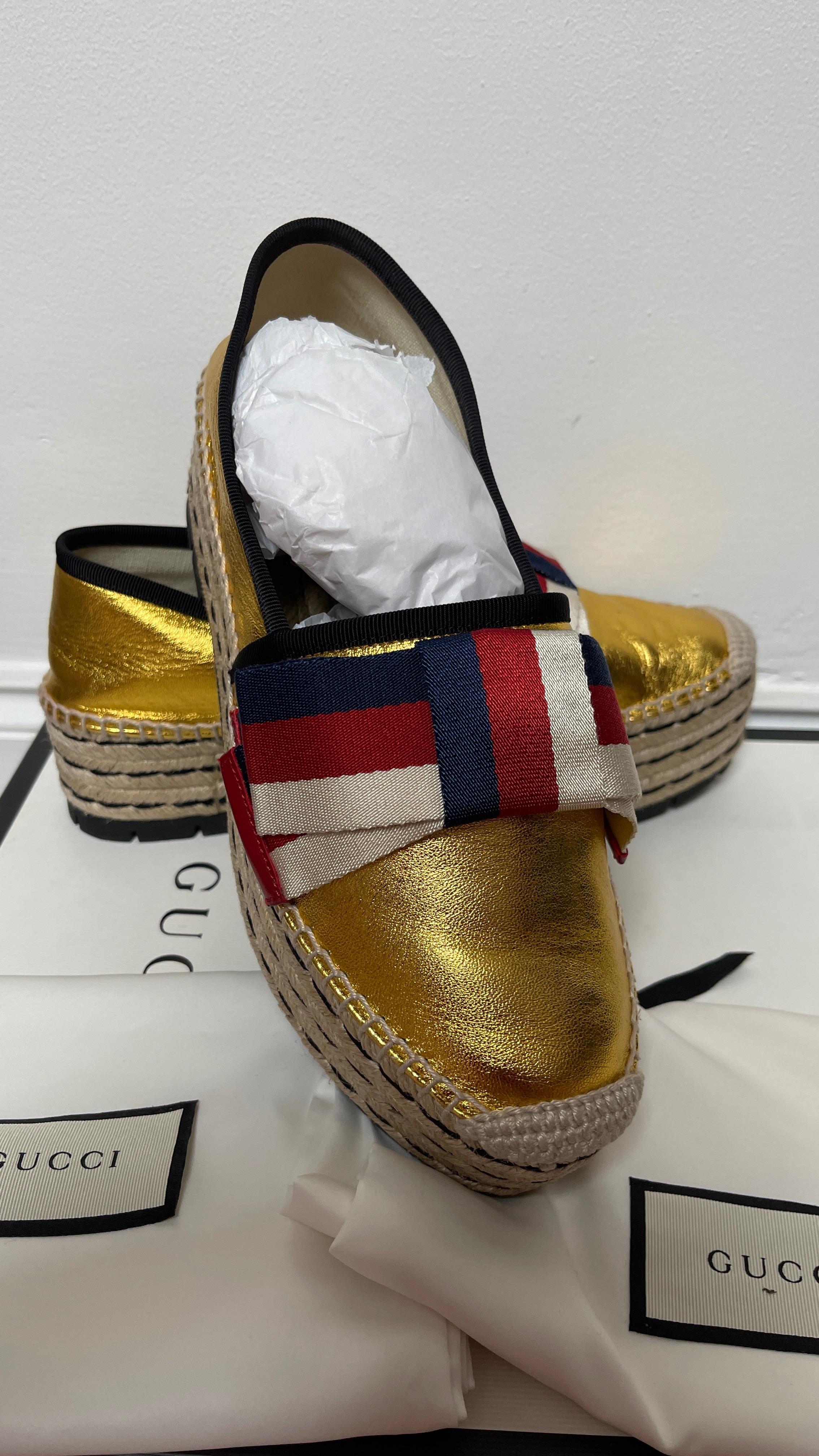 Web Bow Metallic Gold Platform Espadrilles