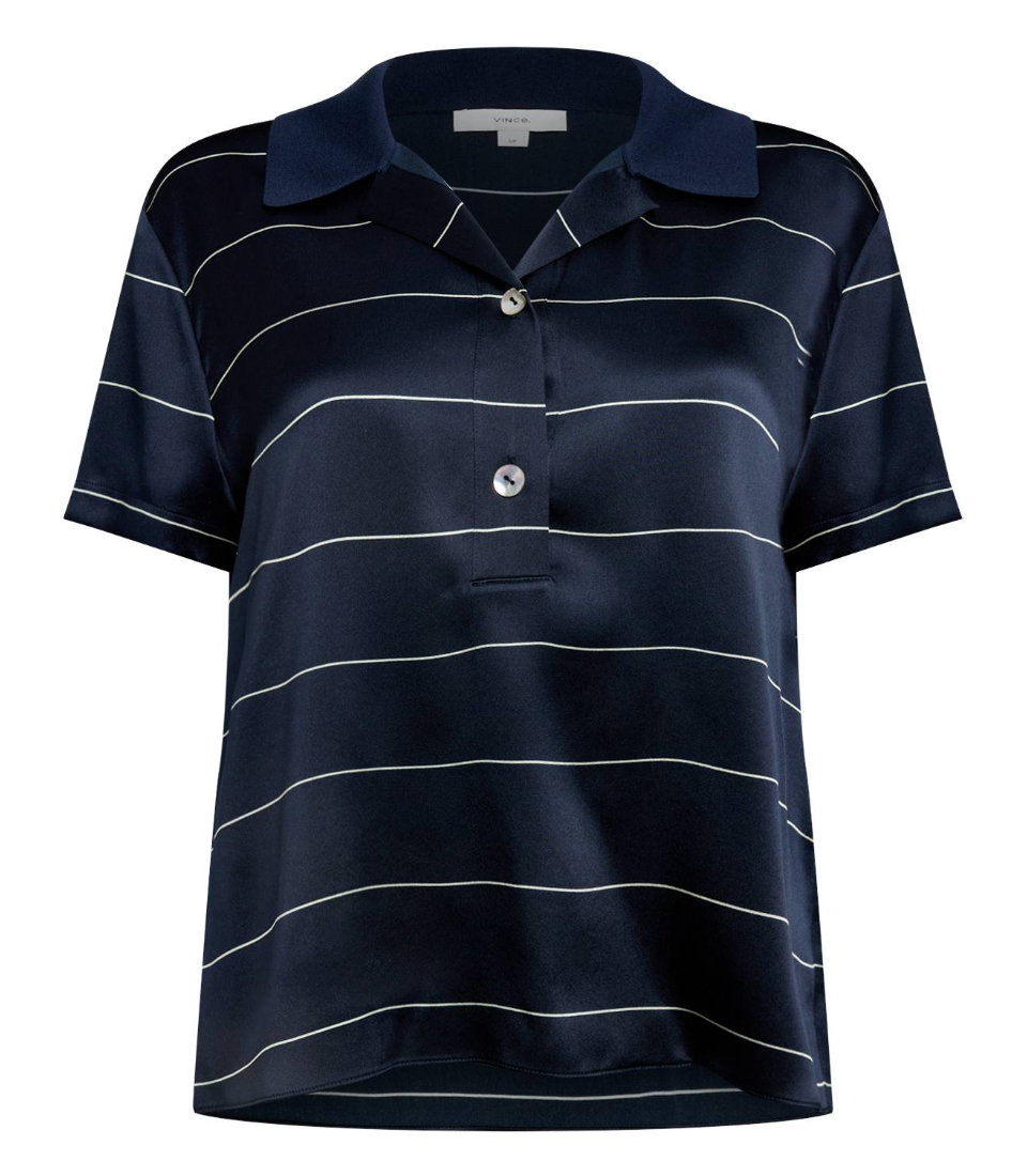 Vince Navy Silk Stripe Polo Shirt