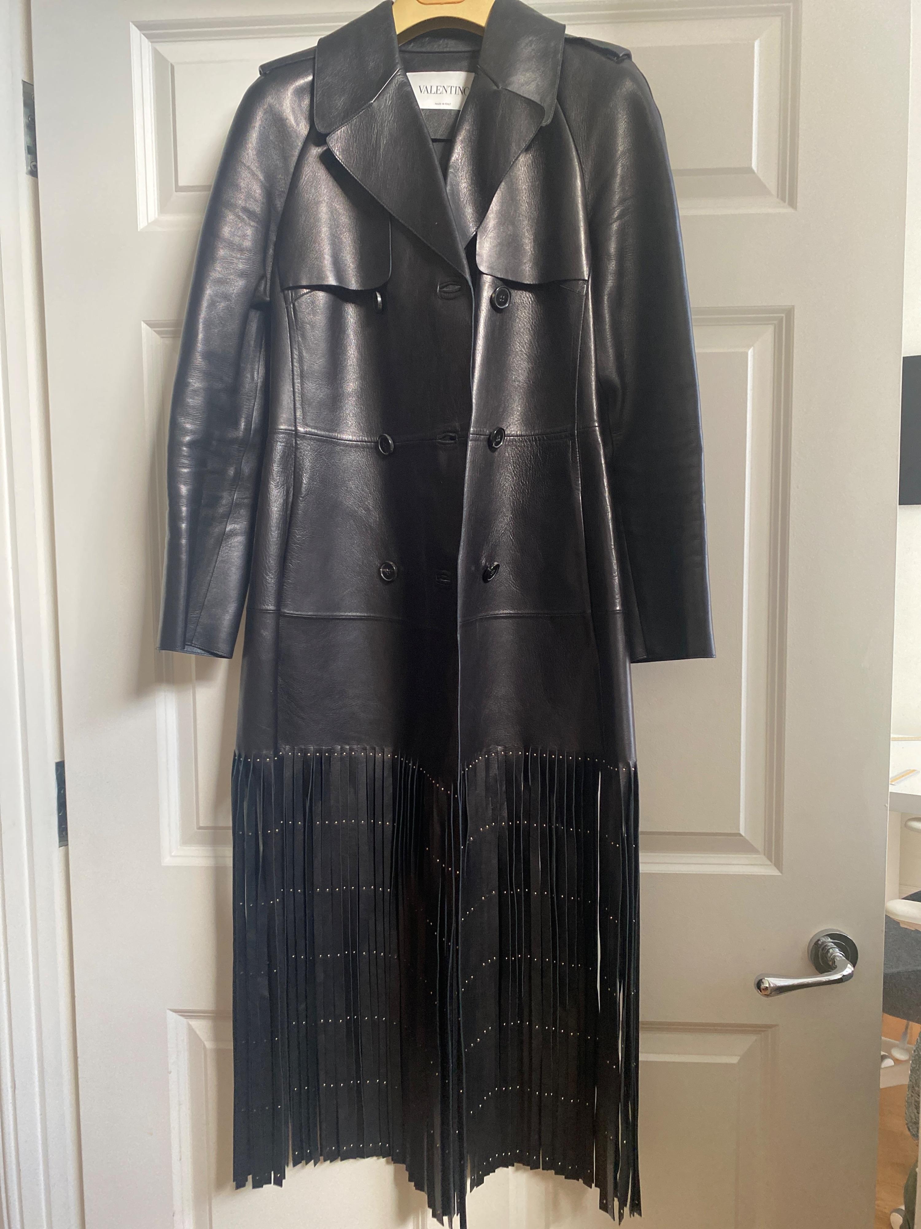 Valentino Black Leather Trench Coat with Fringe Detail