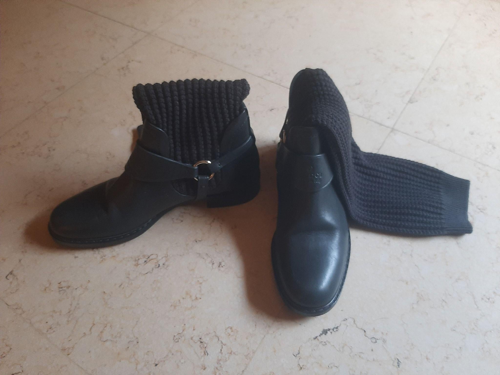 Grey Leather & Knit Boots