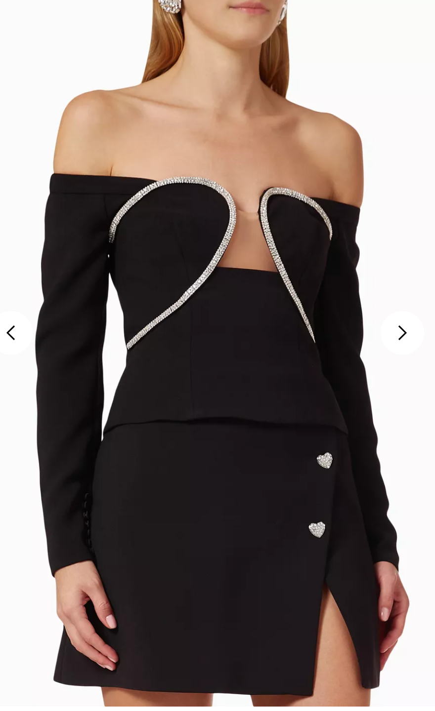 Self-Portrait Black Embellished Off-Shoulder Top & Mini Skirt Set