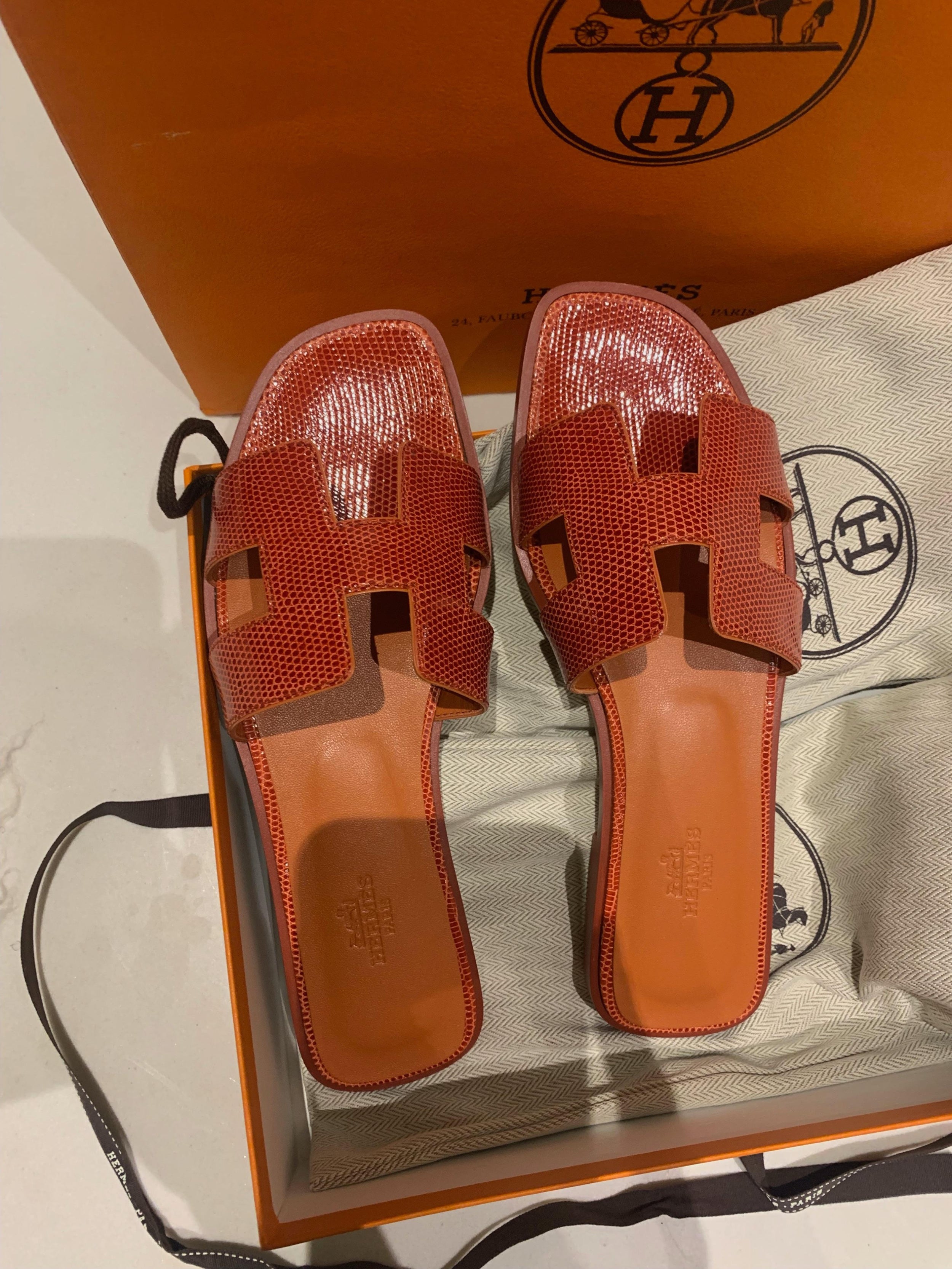 Hermes Rouge Coccinelle Lizard Oran Sandals