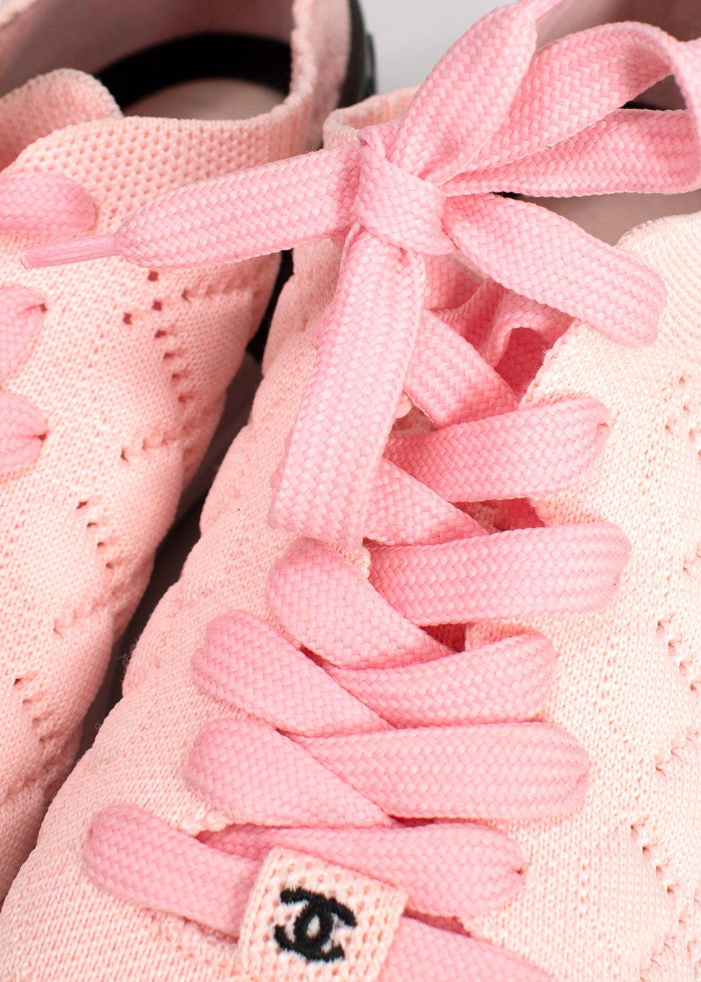 Chanel Light Pink Knit Lace Up Trainers