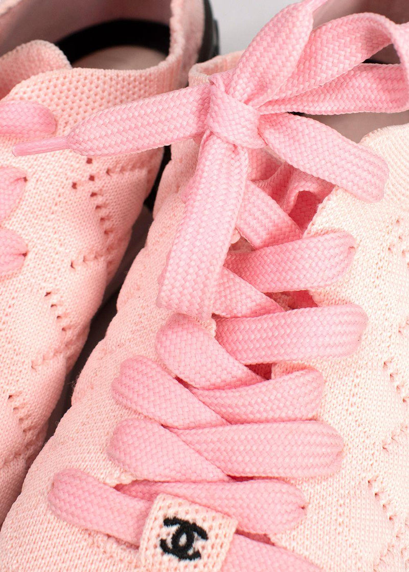 Chanel Light Pink Knit Lace Up Trainers