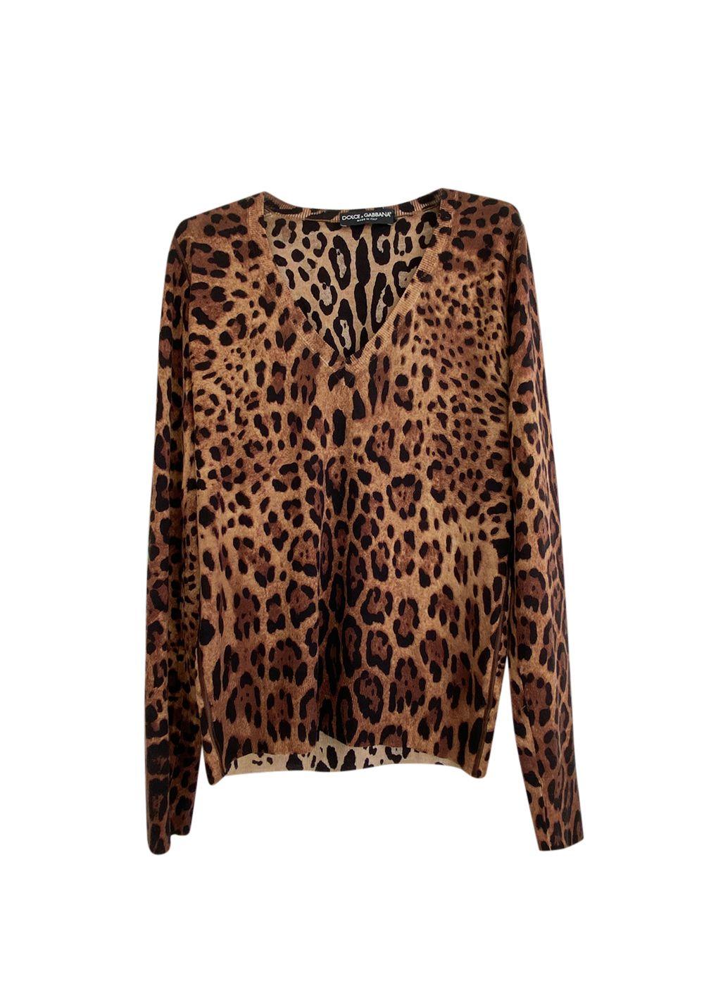 Leopard Printed Fine Wool V-Neck Jumper