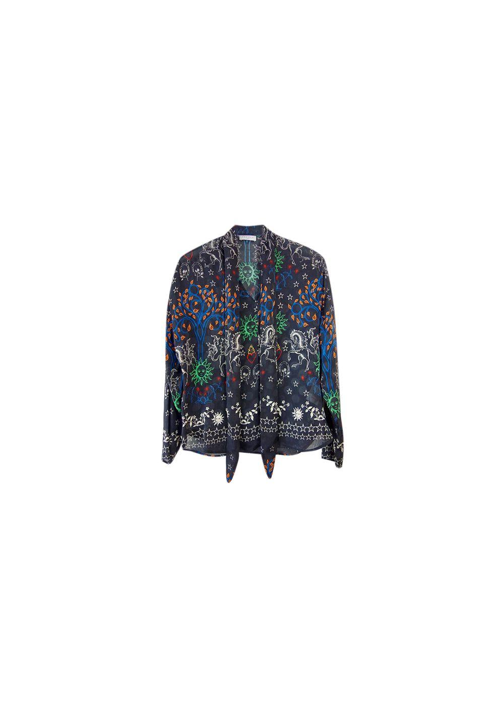 Black zodiac print crepe lavaliere blouse