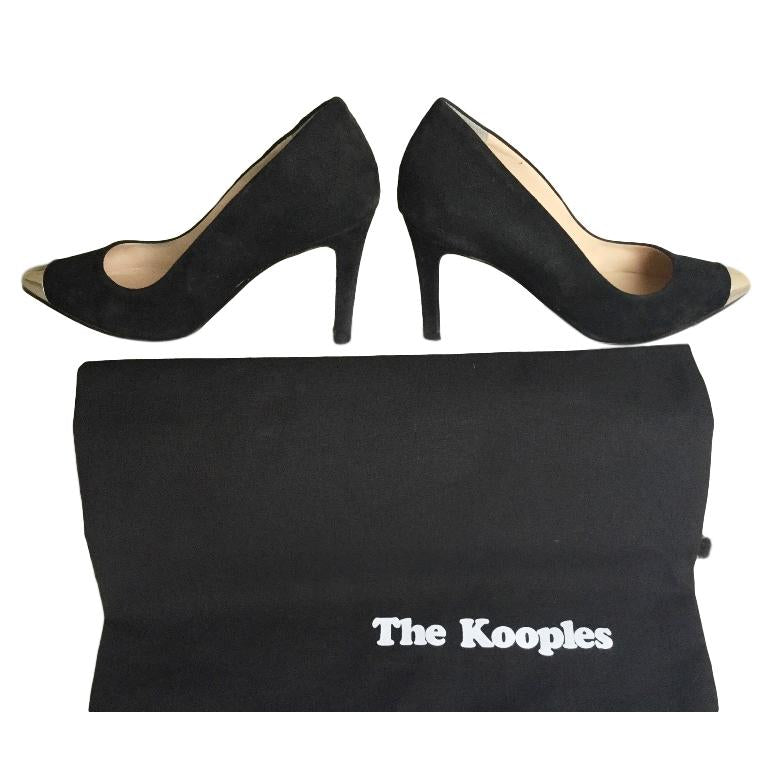 The Kooples Black Suede Gold Cap-Toe Pumps