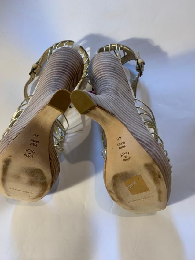 Alberta Ferretti Ivory Corded Leather Curved Wedge Sandals