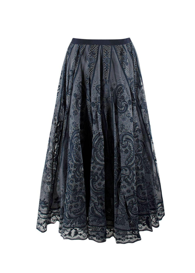 Dior Navy Cotton Blend Embroidered Midi Skirt
