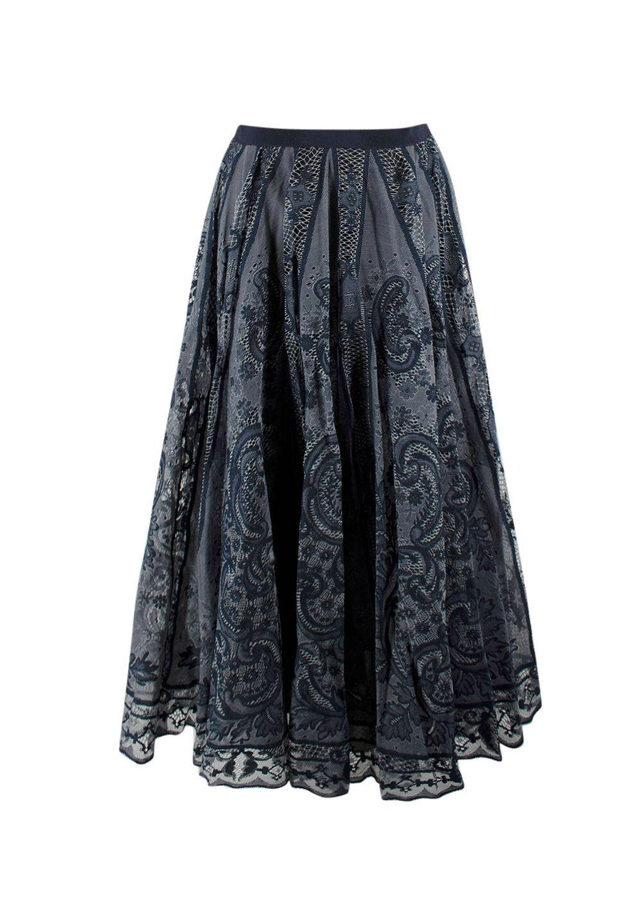 Dior Navy Cotton Blend Embroidered Midi Skirt