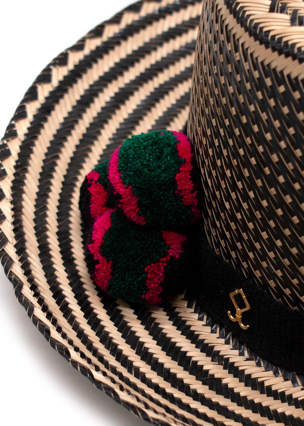 Yosuzi Striped Pom Pom Straw Fedora Hat