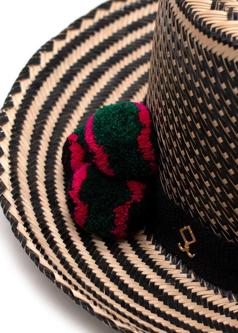 Yosuzi Striped Pom Pom Straw Fedora Hat