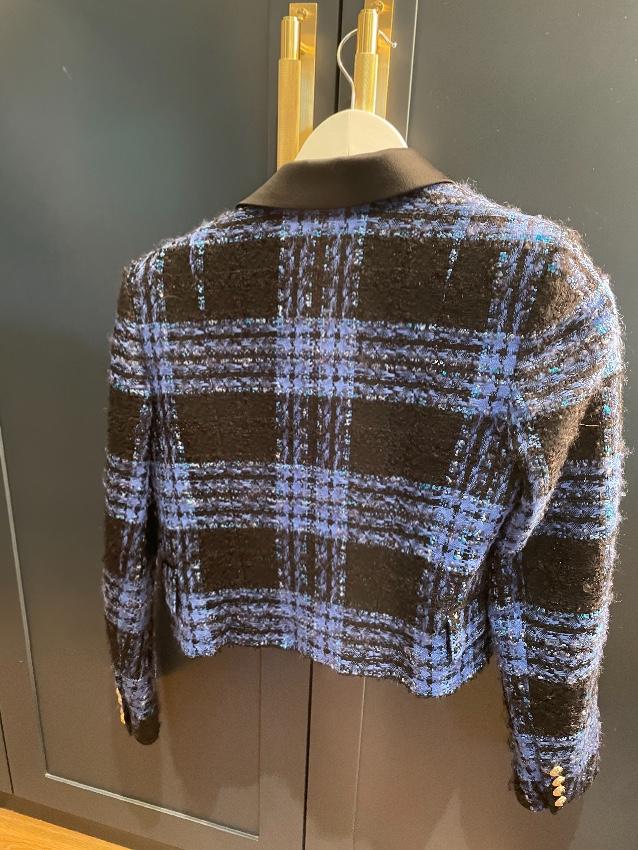 Balmain Blue & Black Check Crop Tailored Jacket