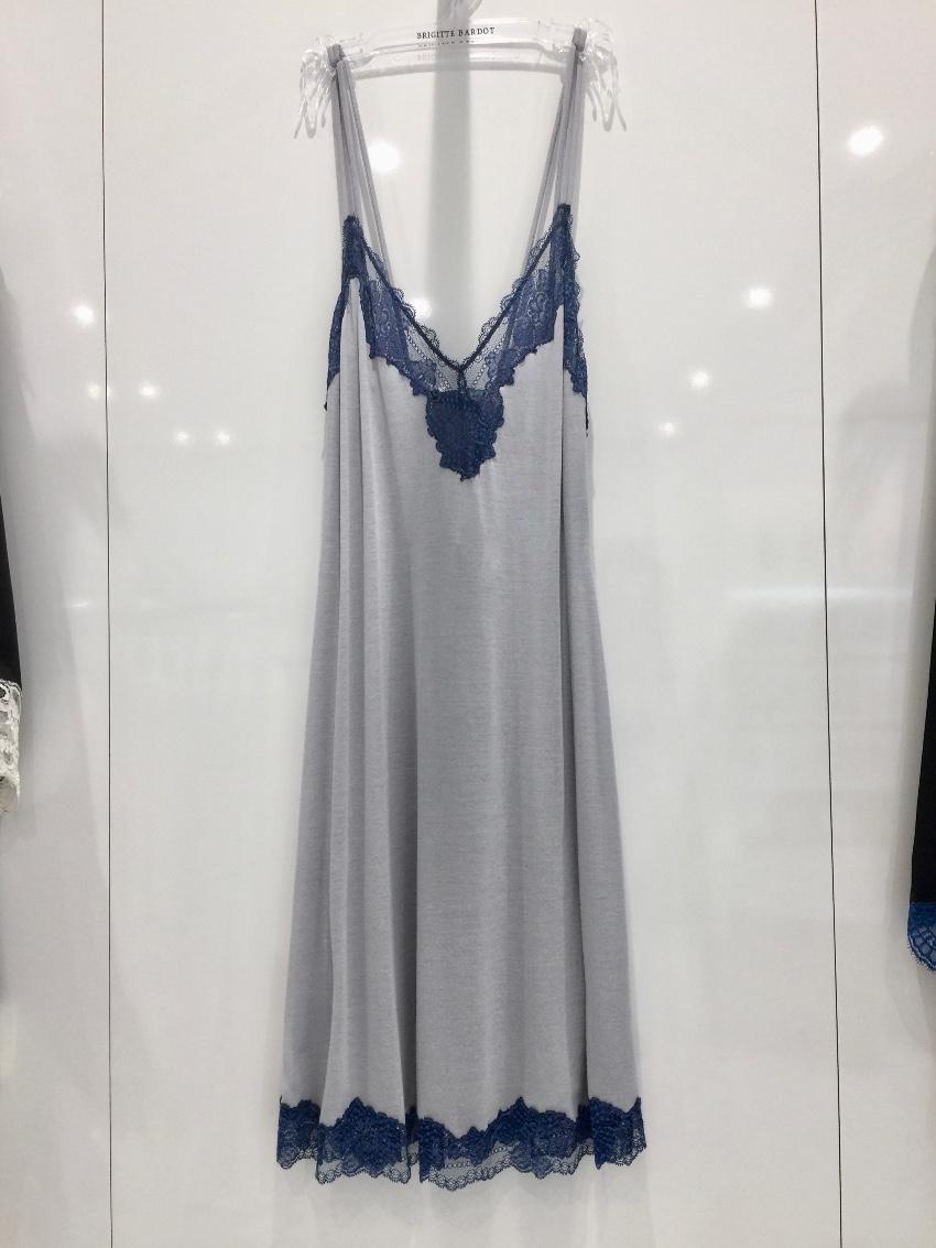 Cotton Club Soft Grey & Blue Leavers Lace Lounge Dress