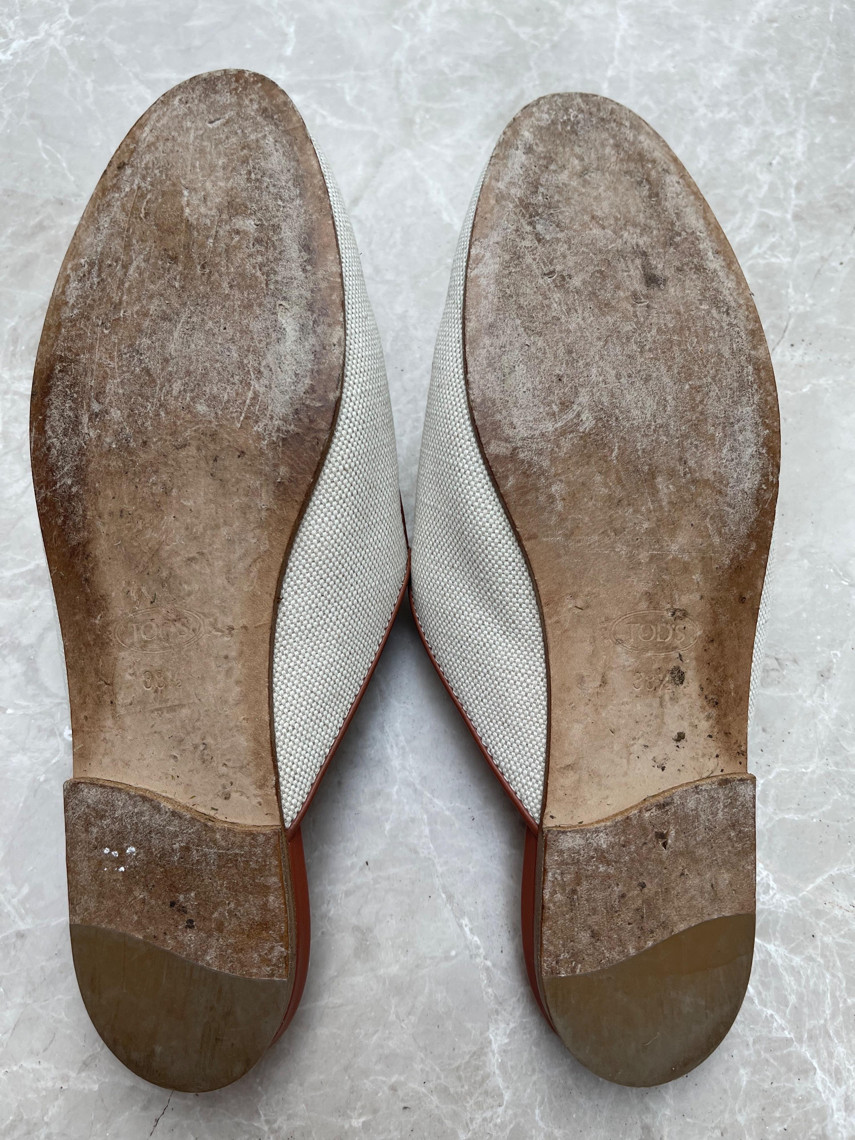 Ivory Canvas & Tan Leather Backless Loafers