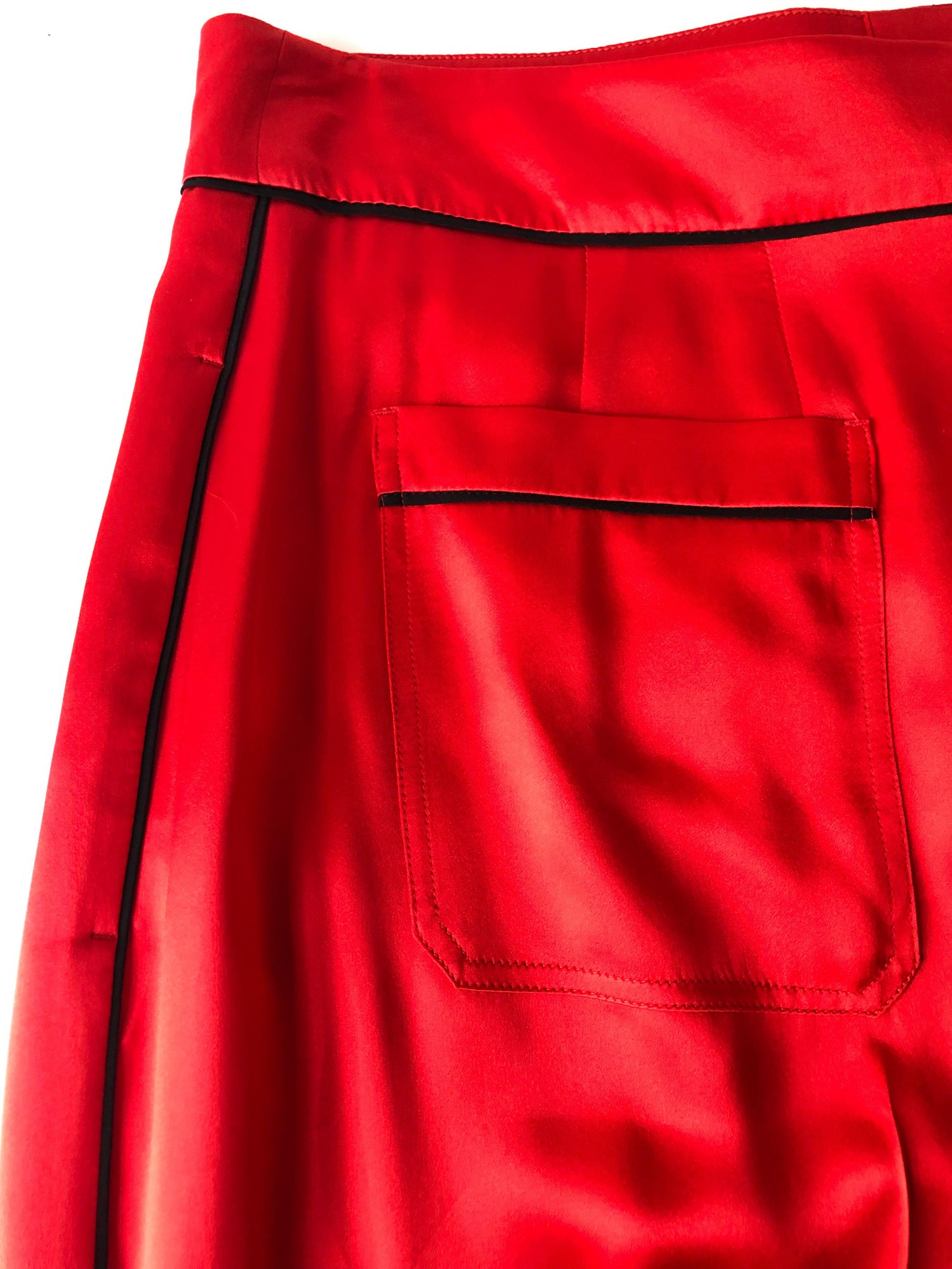 Red Silk Pants with Contrast Piping