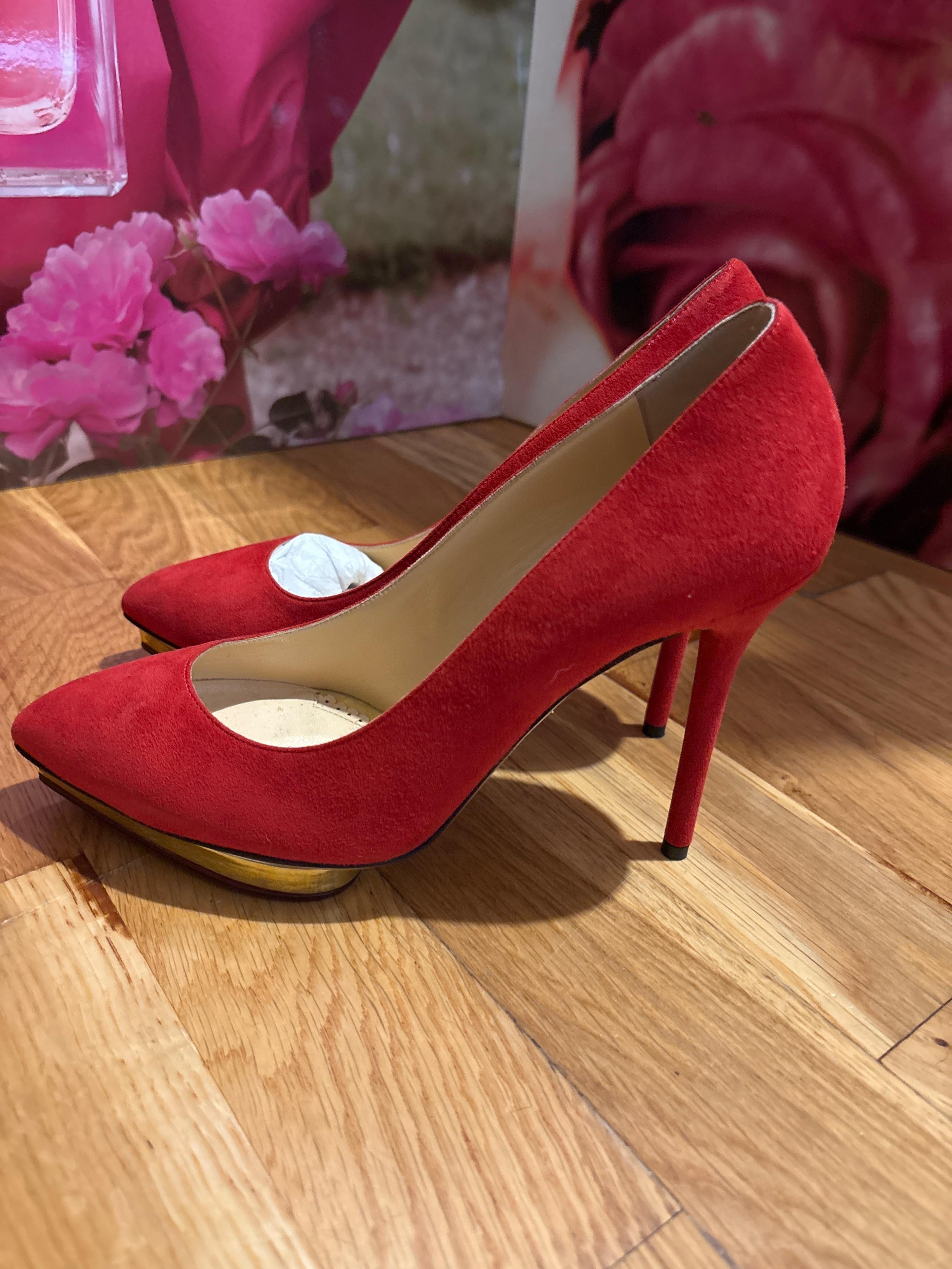 Charlotte Olympia Red Suede Platform Pumps