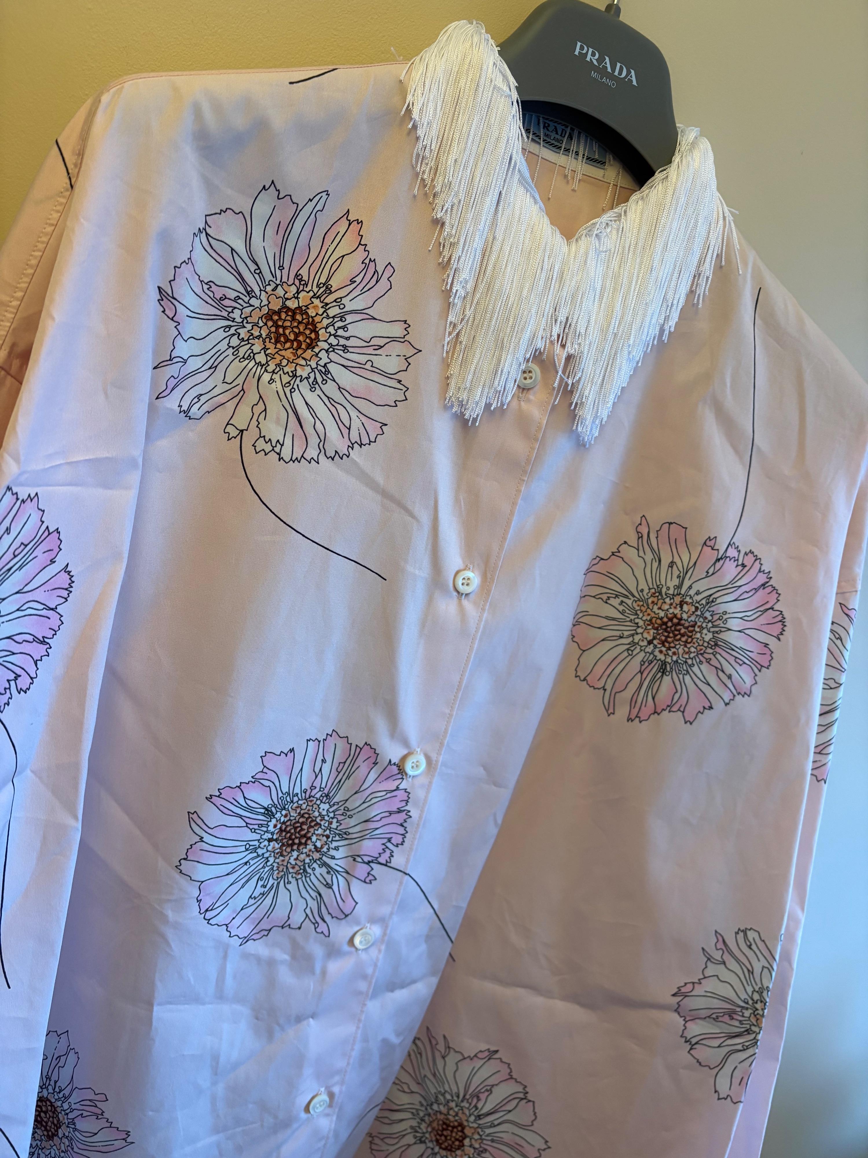 Prada Gerbera Print Fringe Collar Cotton Shirt