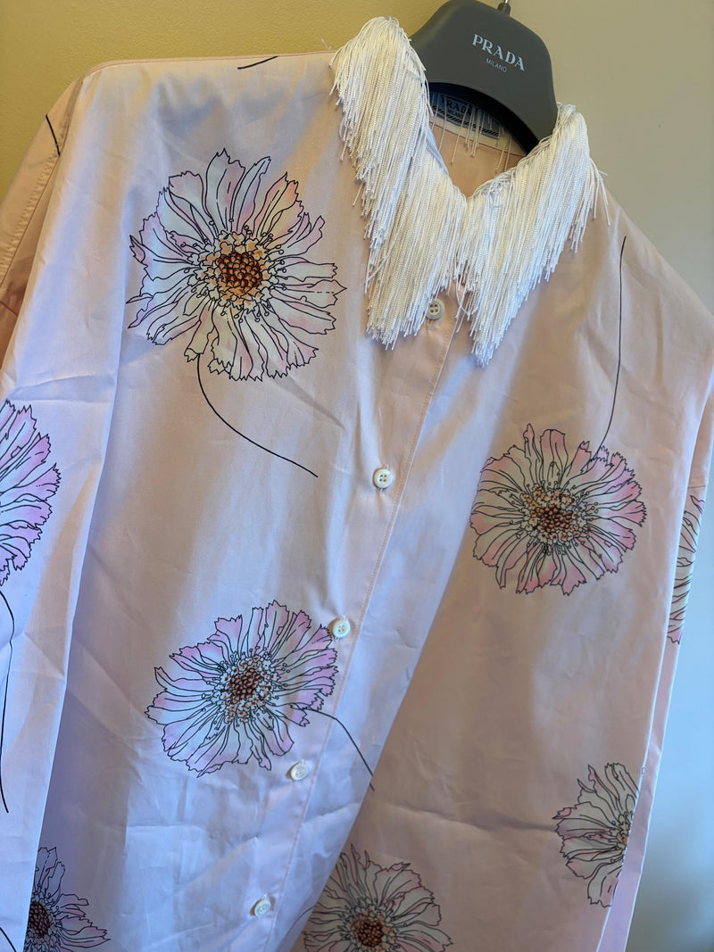 Prada Gerbera Print Fringe Collar Cotton Shirt