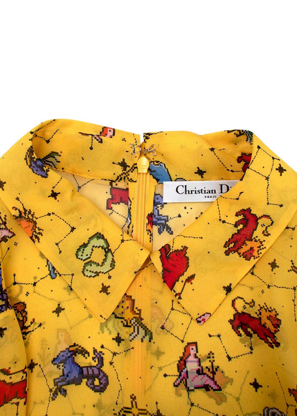 Dior Yellow Pixel Zodiac Pattern Silk Midi Dress