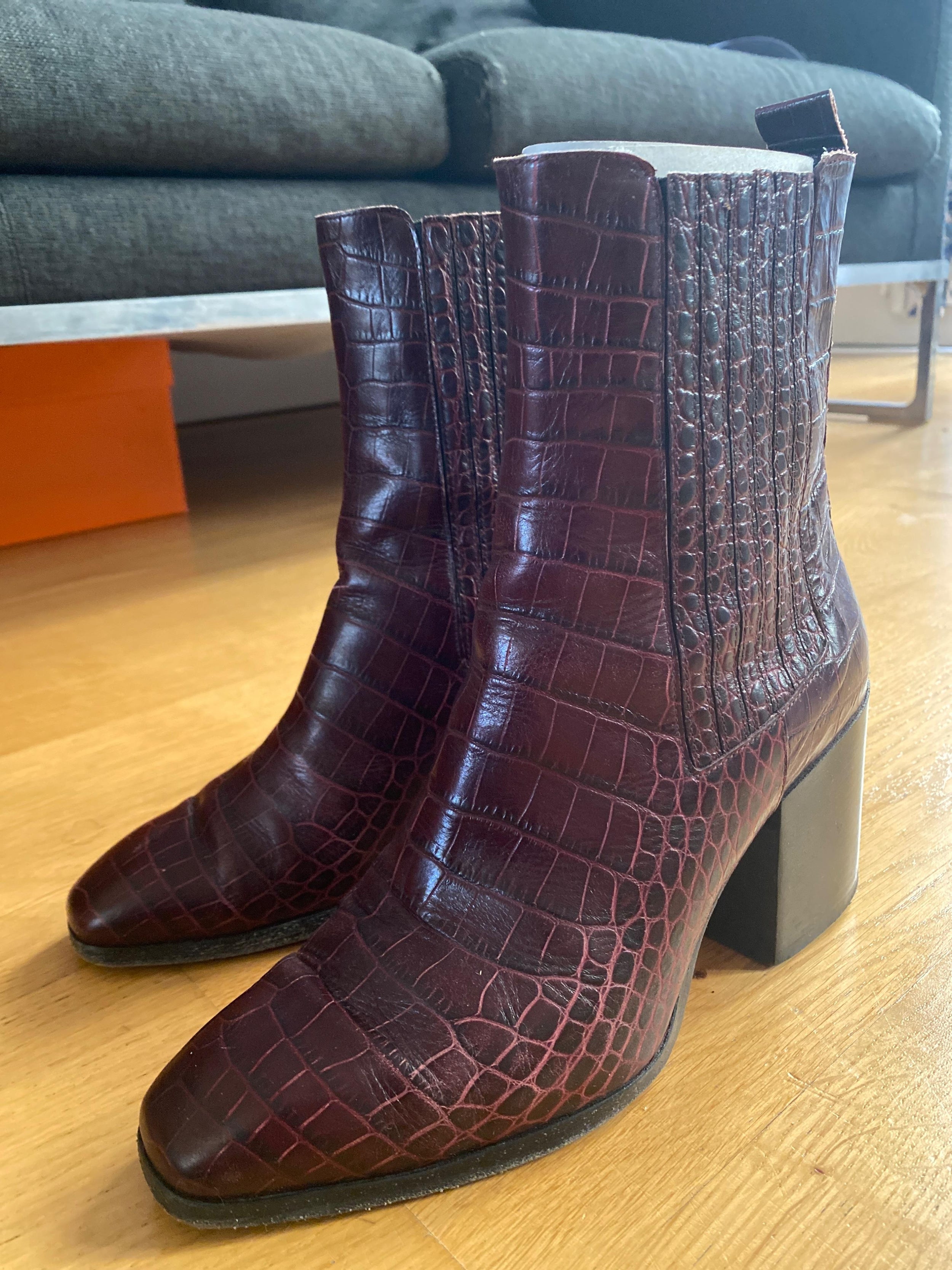 Red Croc Embossed Heeled Ankle Boots