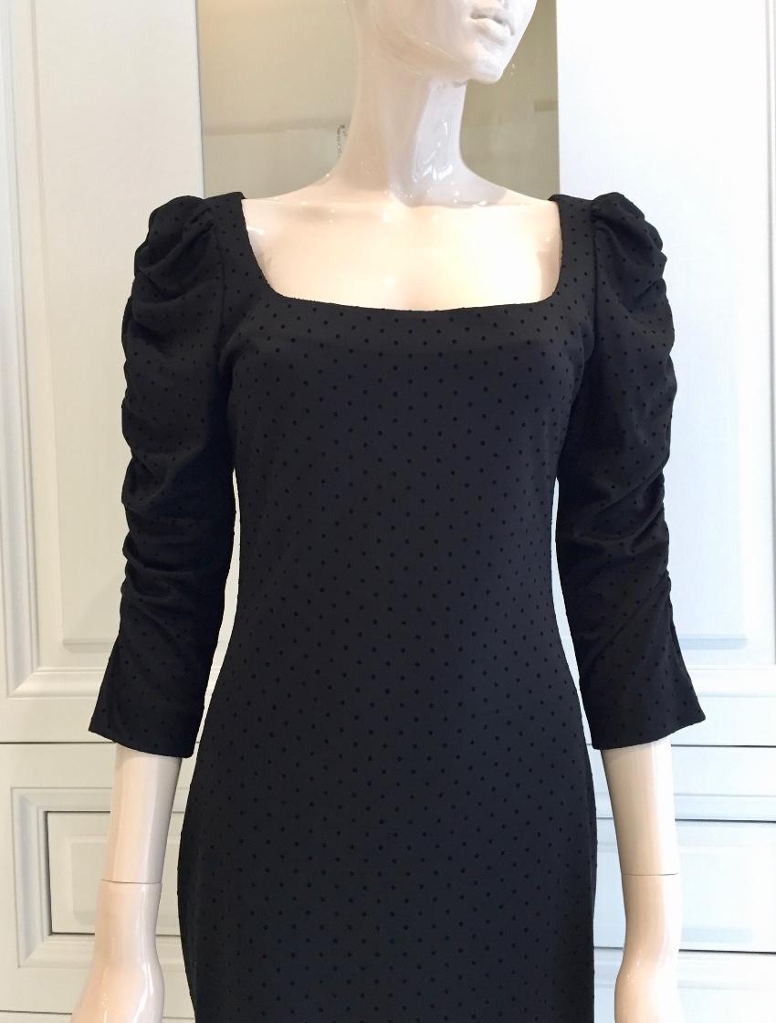 French Couture Black Jersey & Velvet Dot Square Neck Dress