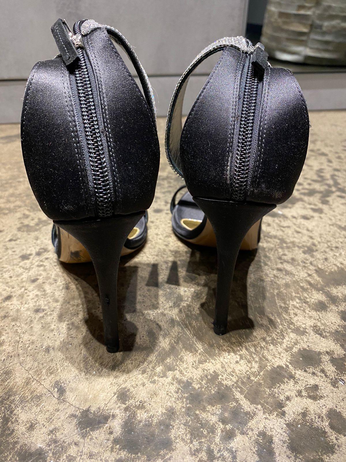 Black satin & crystal heeled sandals
