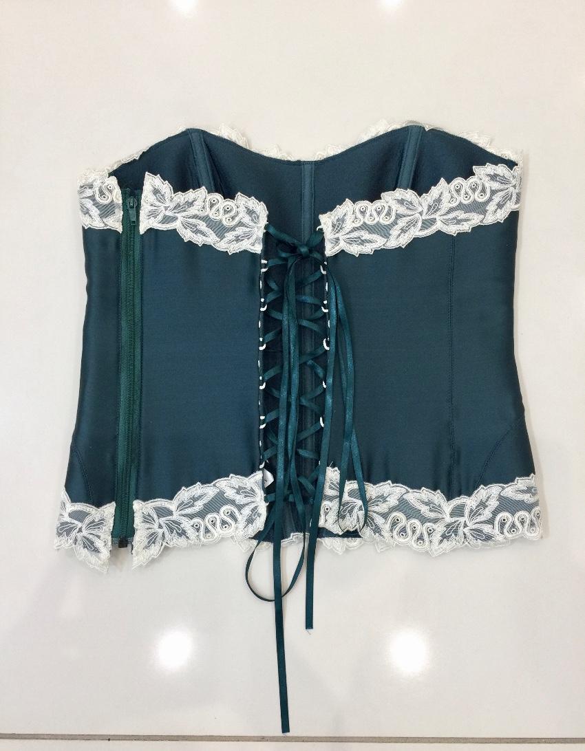 Millesia Couture Forest Green Silk & Calais Leavers Lace Corset