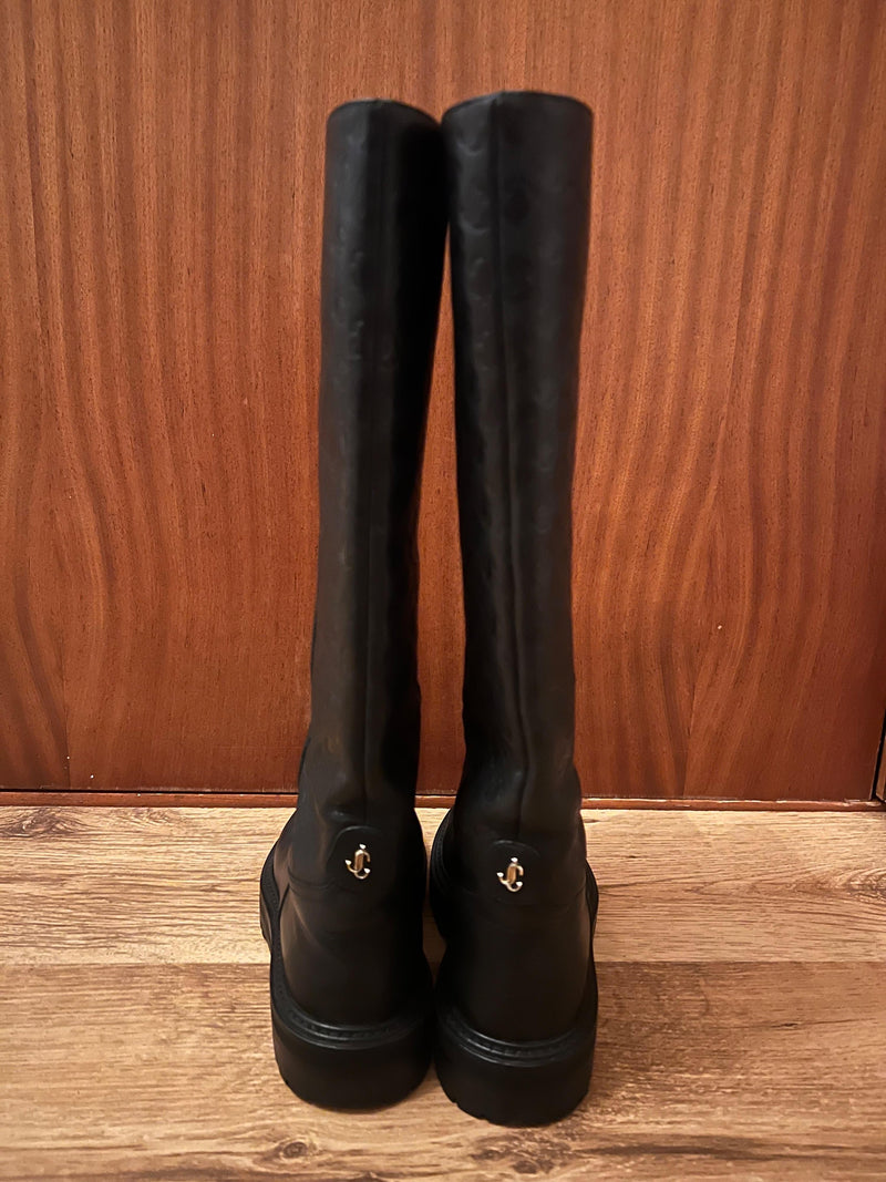 Jimmy Choo Black Monogram Knee High Boots