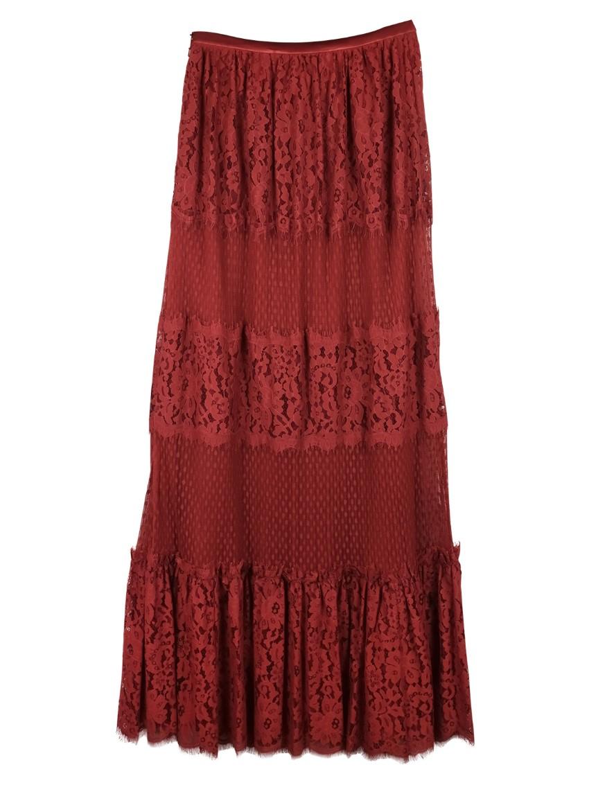 Temperley Dark Red Constance Lace Panelled Skirt