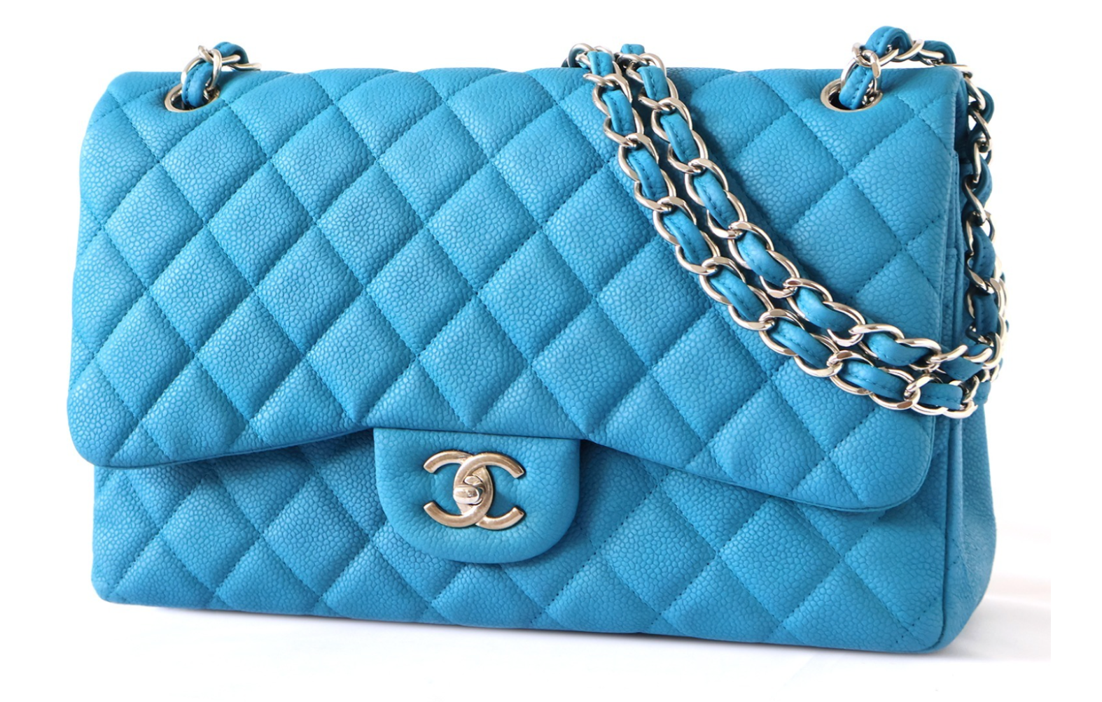Chanel Bright Blue Double Flap Bag With Silver Hardware