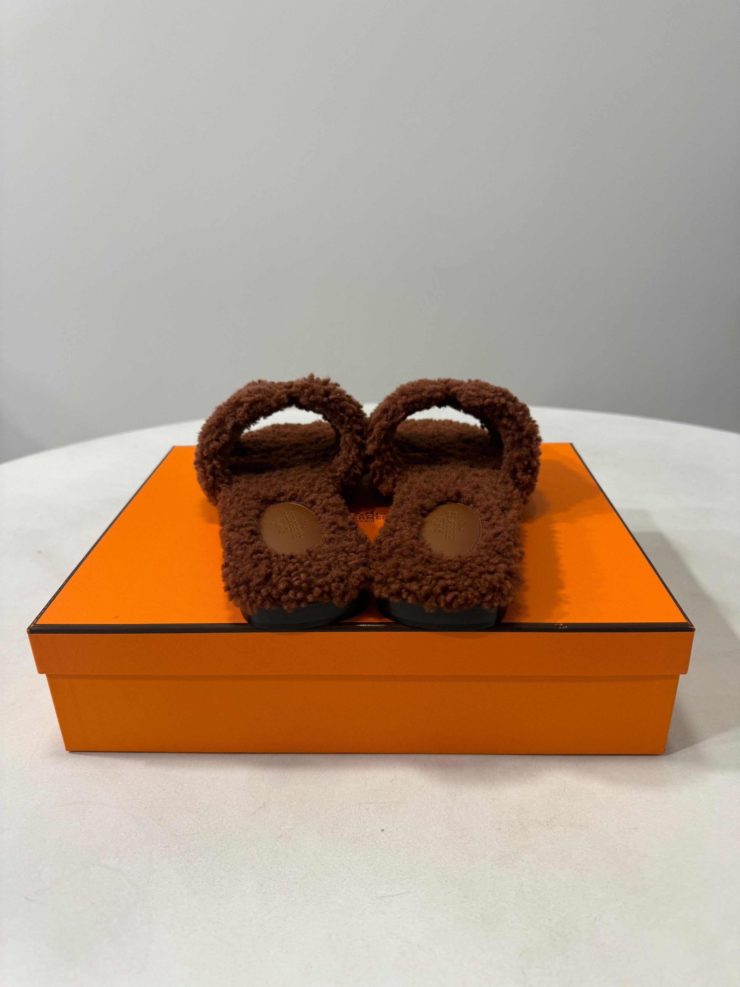 Hermes Cognac Fluffy Oran Sandals