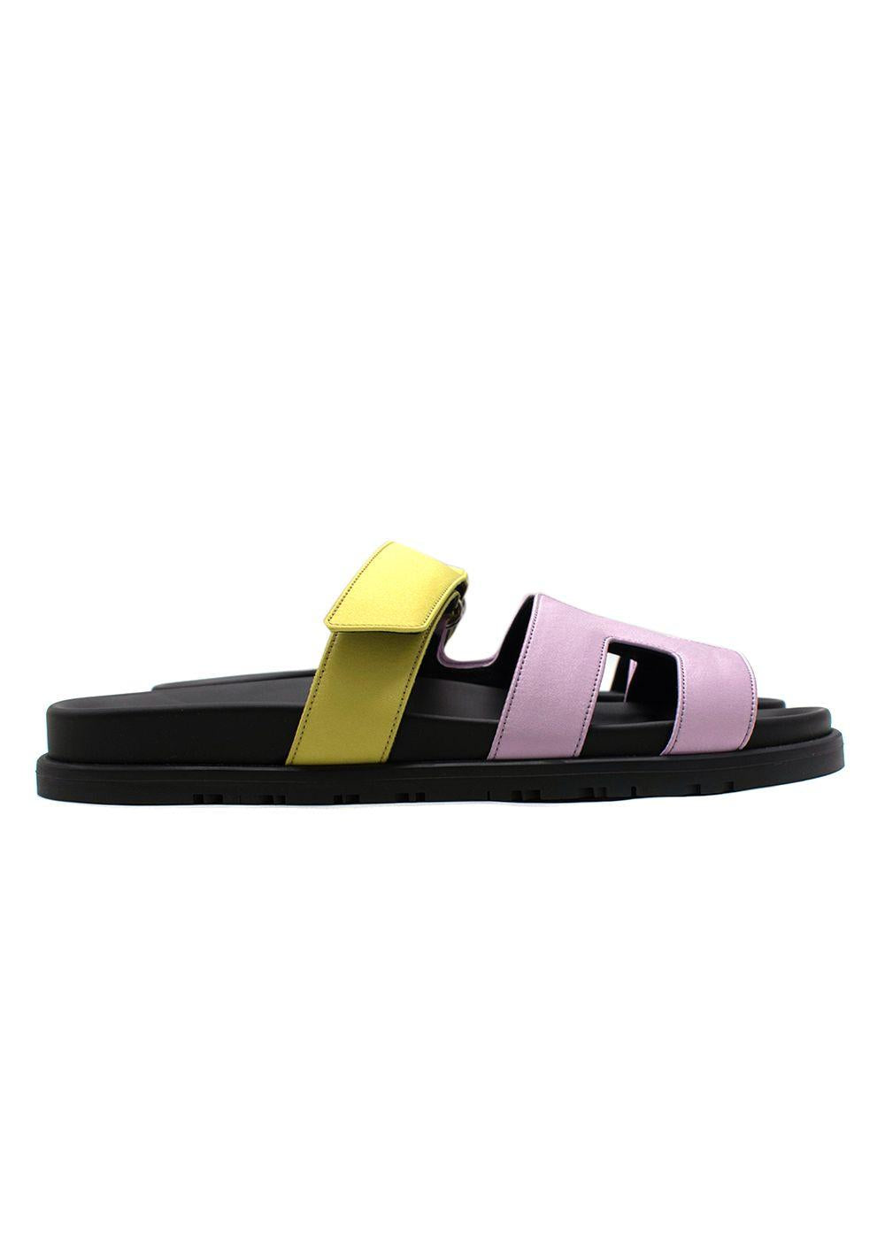 Hermès Violet Petale and Vert Lime Satin Chypre Sandals