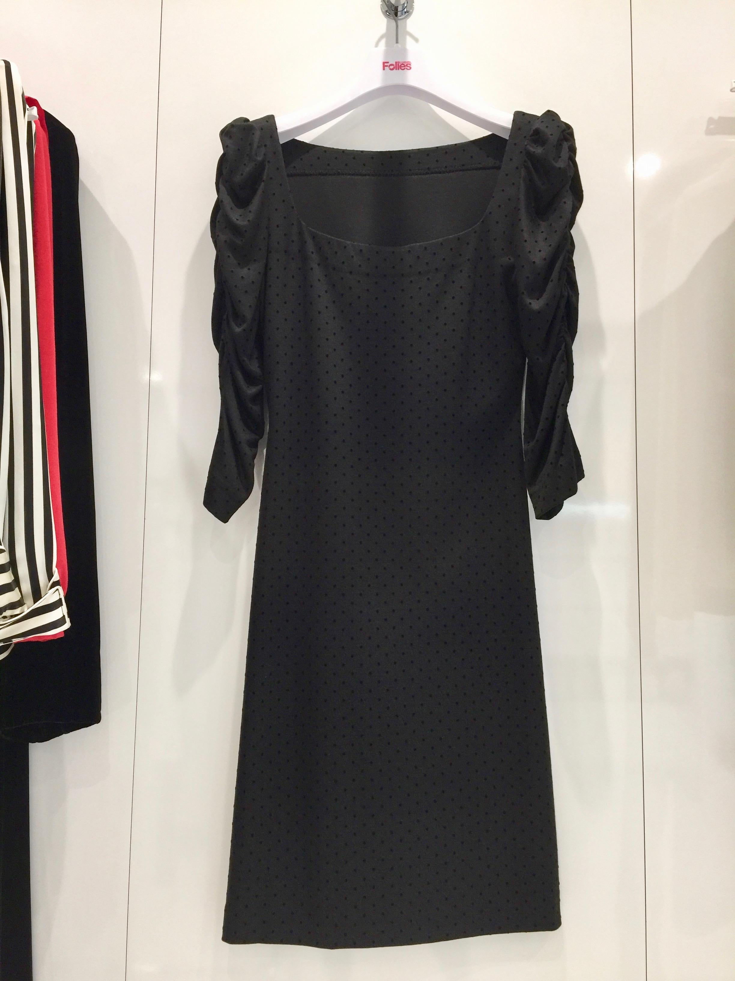 French Couture Black Jersey & Velvet Dot Square Neck Dress