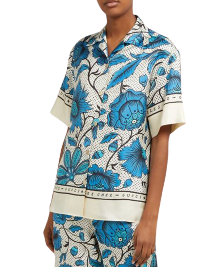 blue/white short sleeve shirt with floral print